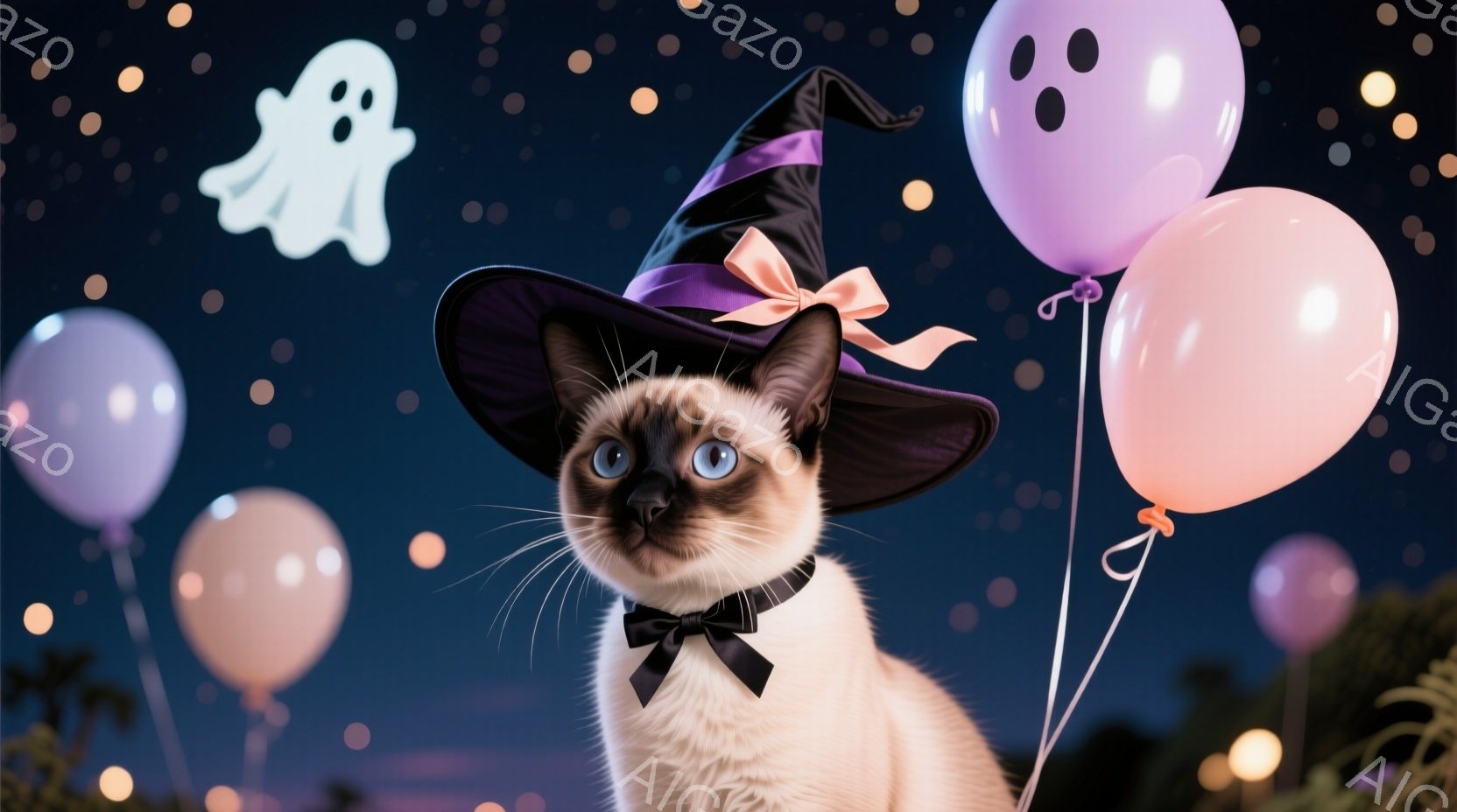 シーマ猫がハロウィーンの帽子と蝶ネクタイを身に着けて、カメラの正面を見つめている。背景には、紫とピンクの風船が浮かび、可愛いお化けの形をしたライトが点在している。全体的に、ハロウィーンの楽しい雰囲気を醸し出している。