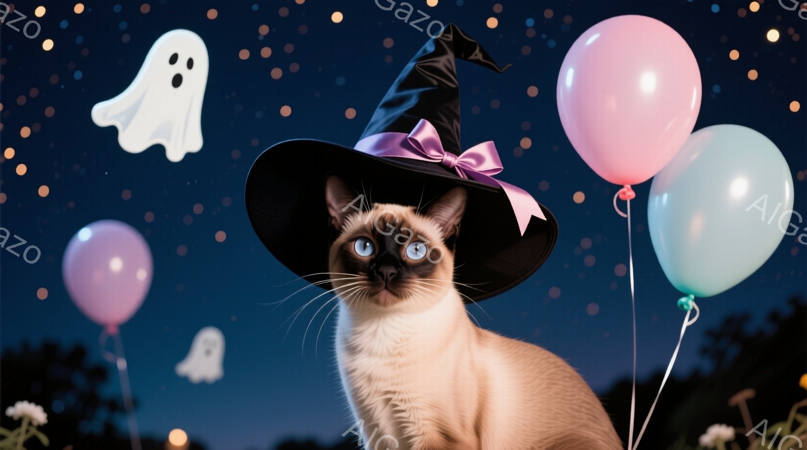 シーマリー猫がハロウィーンの帽子をかぶって正面を見つめています。背景には、浮かぶ幽霊と色とりどりの風船が散りばめられており、夜空には小さな光が輝いています。全体的に、ハロウィーンの楽しい雰囲気を醸し出 - AI生成フリー素材