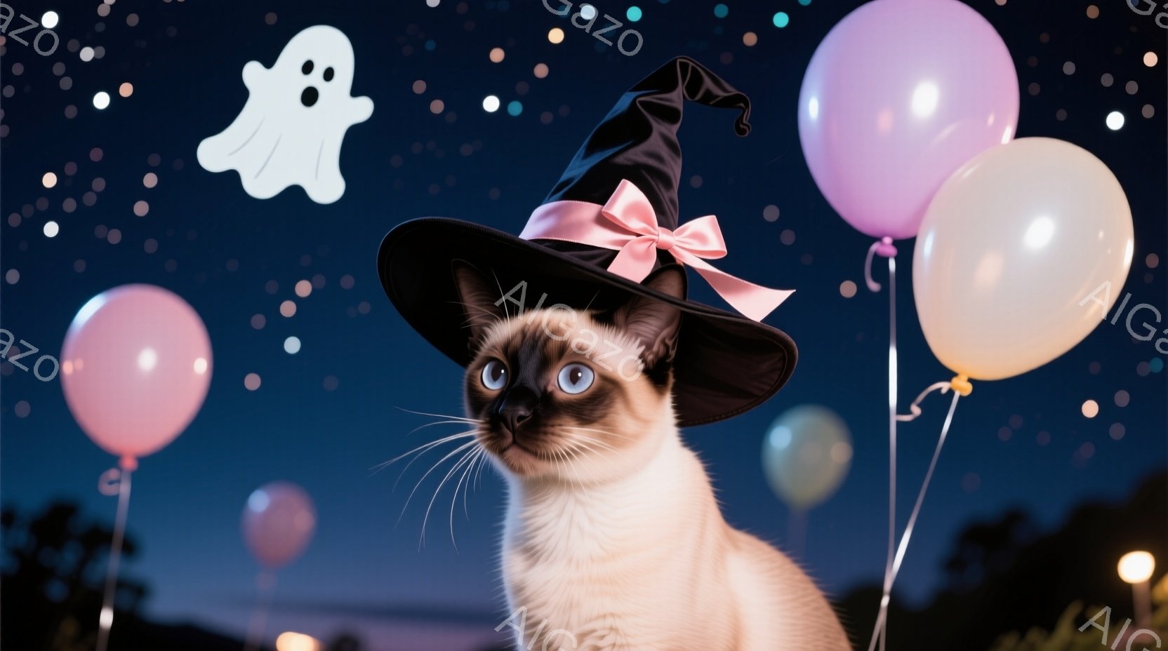 シーマ猫がハロウィーンの帽子をかぶり、少し上目遣いをしている。背景には、ピンクと薄緑の風船が浮かび、幽霊の姿も見える夜空が広がり、お祝いの雰囲気を醸し出している。全体的に、可愛らしく、楽しいハロウィーンの雰囲気が漂う。