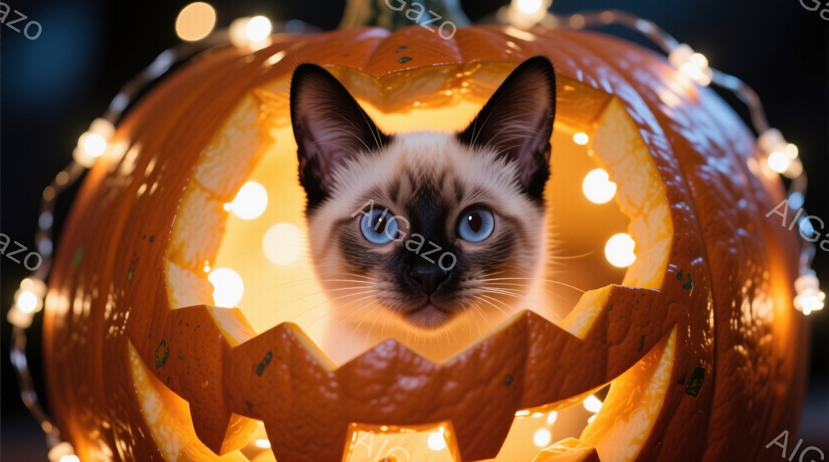 シーマ猫が、ハロウィーンのくり抜かれたカボチャの中に顔を出しています。その猫は青い目をしており、少し驚いたような表情で正面を見ています。背景には、ぼんやりと光る電飾があり、全体的に温かく、お祝いムードの漂う雰囲気です。