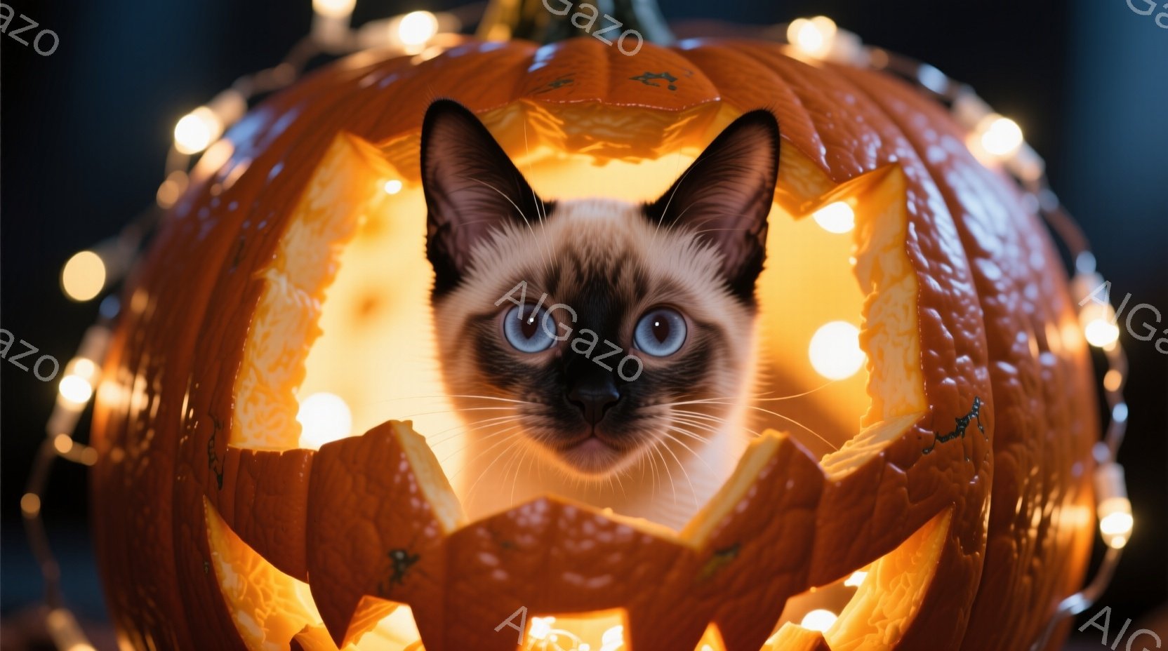 シナモン色の可愛らしい猫が、ハロウィーンのくり抜かれたカボチャの中に顔を出しています。猫は鮮やかな青い目を大きく見開き、少し好奇心と警戒心を抱いている表情です。背景には、ぼんやりと光るハロウィーンライ - AI生成フリー素材