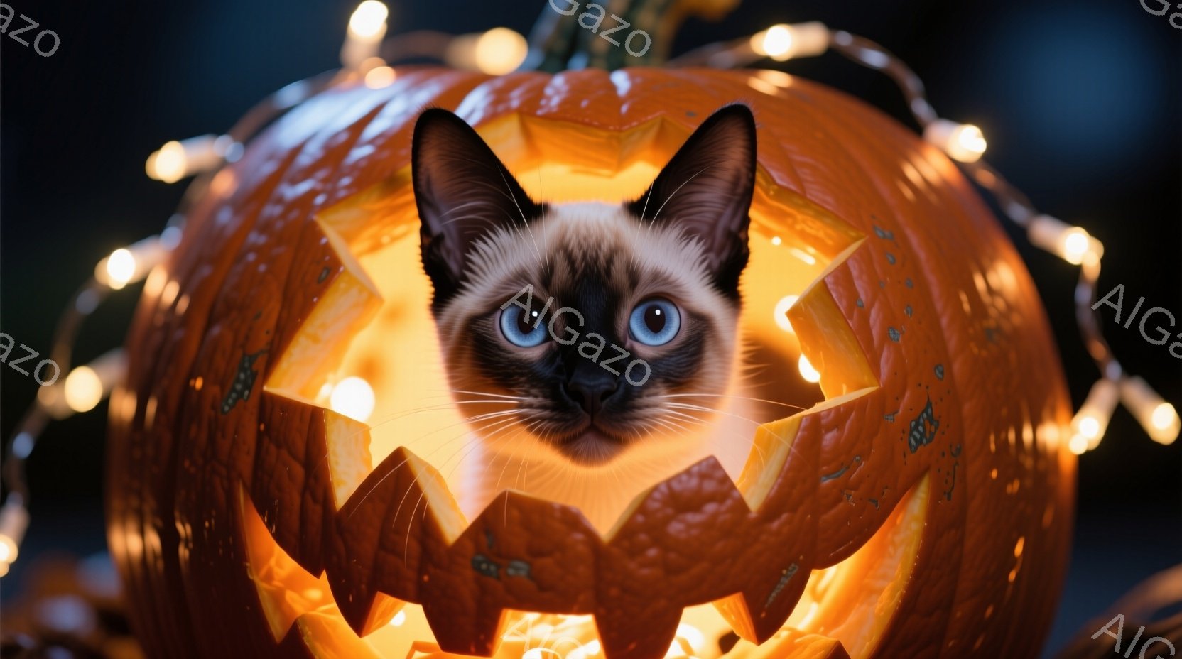 シーマ猫が、くり抜かれたオレンジ色のカボチャの中から顔を出しています。カボチャの内側は明るい光で照らされており、周囲には暖かい色の電飾が飾られています。ハロウィーンの楽しい雰囲気を醸し出しており、猫の青い瞳が印象的です。