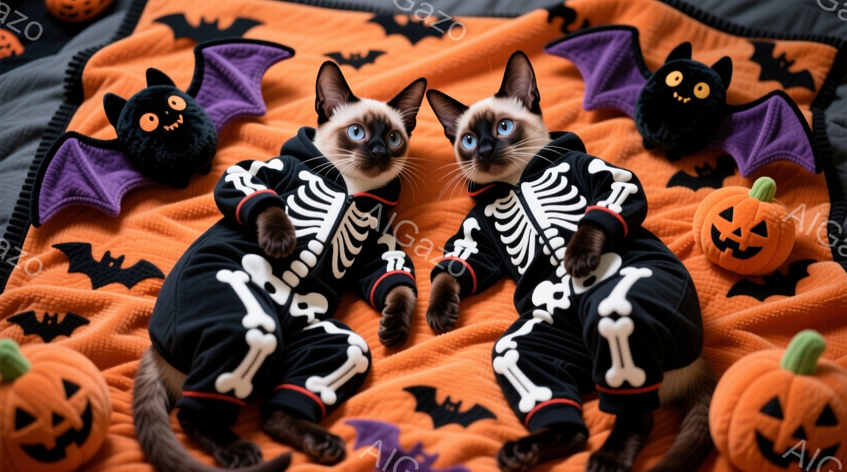 シーマル猫の双子がハロウィーンをテーマにしたオレンジ色の背景に座っています。黒い骸骨模様のジャンプスーツを着ており、少し困ったような表情をしています。背景には、カボチャのぬいぐるみとコウモリの模様が散りばめられており、ハロウィーンらしい賑やかな雰囲気を醸し出しています。
