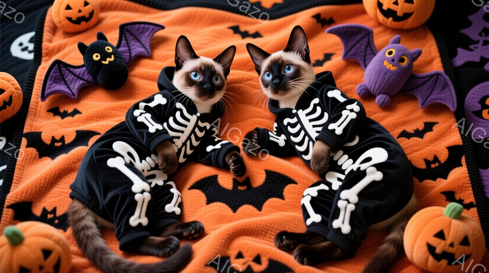 シーマーズ猫がハロウィーンをテーマにした背景に、骸骨模様の黒い服を着て並んで座っています。猫たちは青い目でカメラを見つめ、リラックスした表情をしています。背景にはオレンジと黒のハロウィーンモチーフ、カボチャとコウモリが散りばめられ、お祝いムードを盛り上げています。