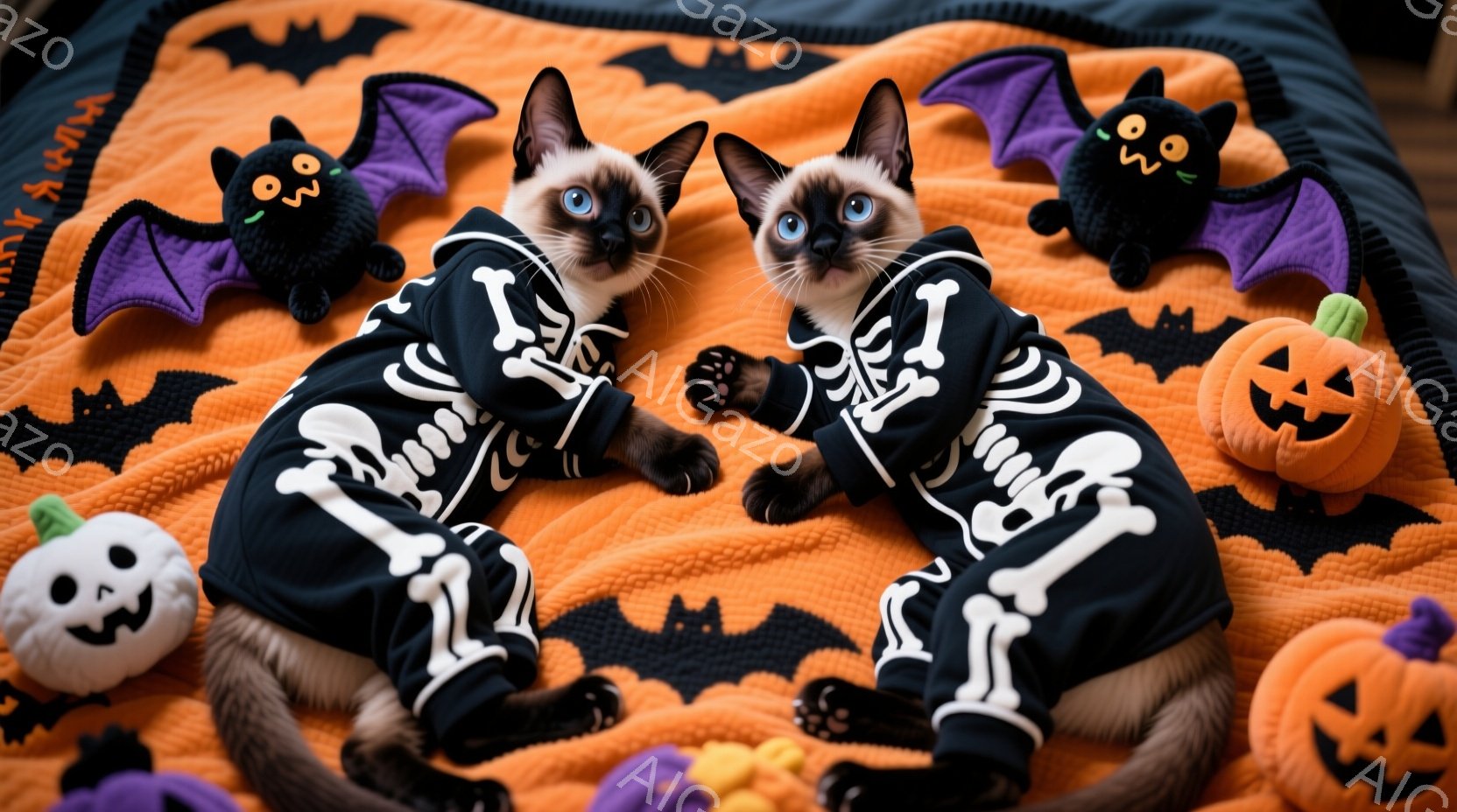 シーマ猫の双子の猫がハロウィーンの衣装を着てオレンジ色の背景に横たわっています。黒い衣装には白骨の模様があり、猫たちはリラックスした様子で互いに向き合っています。背景には、カボチャとコウモリの柄が描かれた毛布が敷かれ、ハロウィーンの雰囲気を盛り上げています。