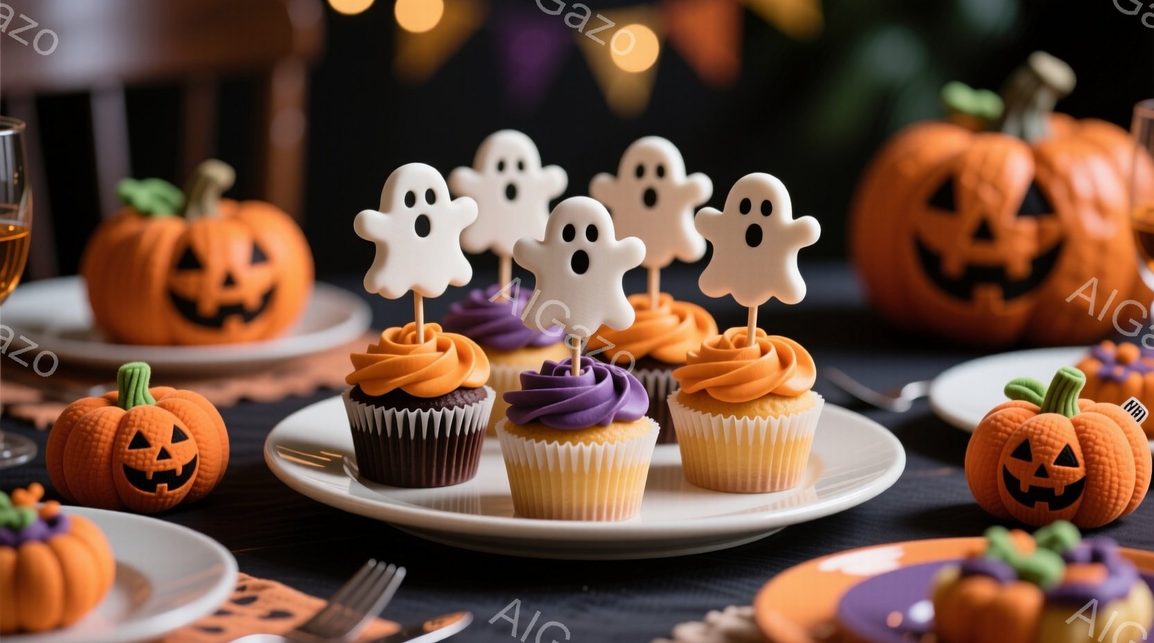 ハロウィーンをテーマにしたテーブルセッティングで、かぼちゃの形をしたお菓子とカップケーキが並べられています。カップケーキには紫とオレンジのクリームが乗せられ、それぞれに白いお化けの飾り付けがされていま - AI生成フリー素材