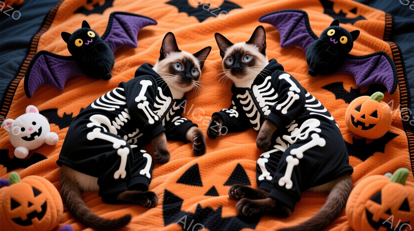 シーマーズという種類の猫が二匹、ハロウィーンをテーマにしたオレンジ色の背景に座っています。二匹とも骸骨柄の黒いジャンプスーツを着ており、少し困ったような表情をしています。背景には、可愛らしいカボチャやコウモリのぬいぐるみが置かれ、全体的に楽しいハロウィーンの雰囲気を醸し出しています。