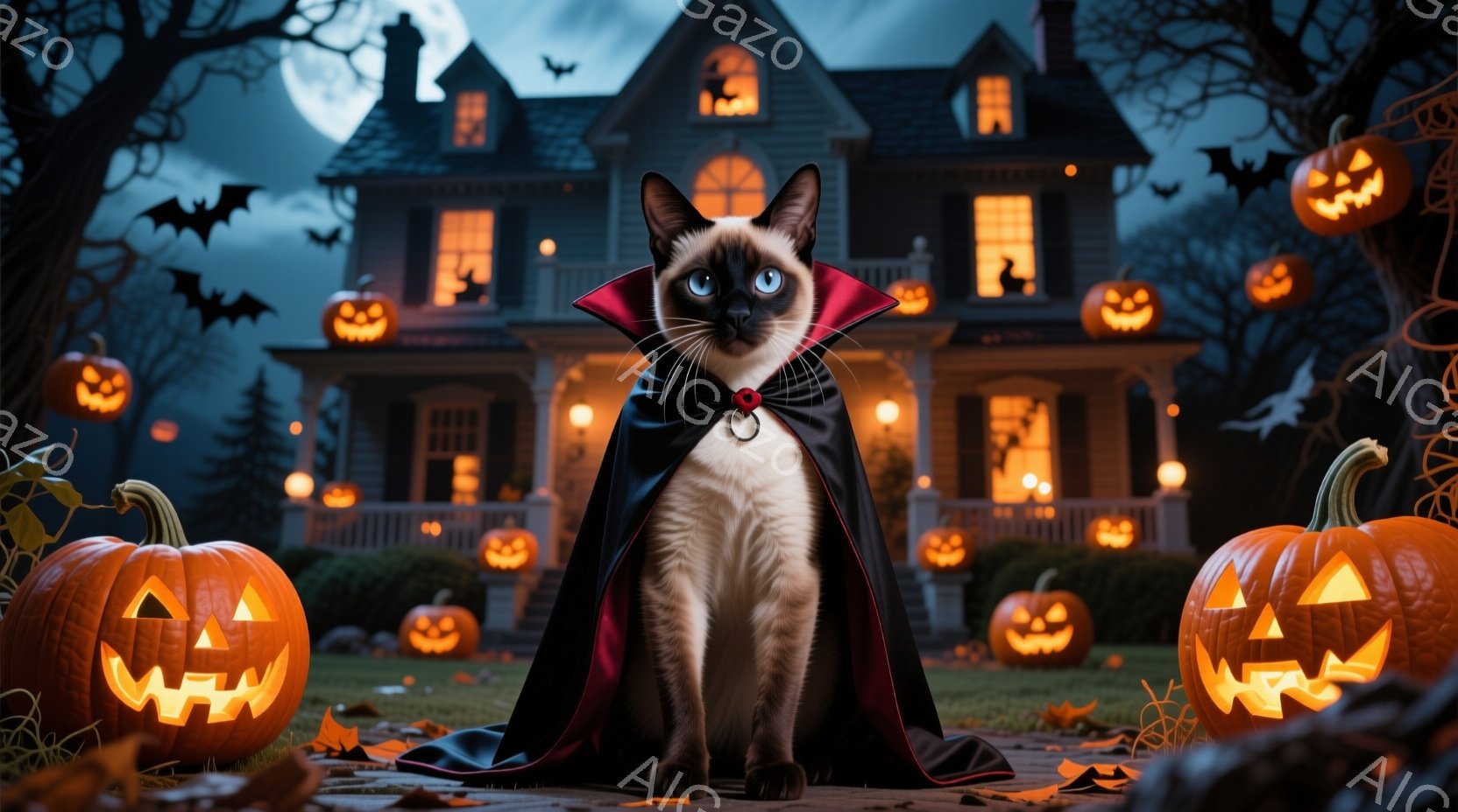シーロの猫が、ハロウィーンの夜に黒いマントと赤い襟のアクセサリーを身につけ、正面をまっすぐ見つめて座っています。背景には、ジャック・オー・ランタンで飾られた、暗い夜空の下の古い屋敷が見え、葉が散らばった芝生の上には、大きなカボチャが配置されています。 全体的に、少し不気味でありながらも、遊び心のあるハロウィーンの雰囲気が漂っています。