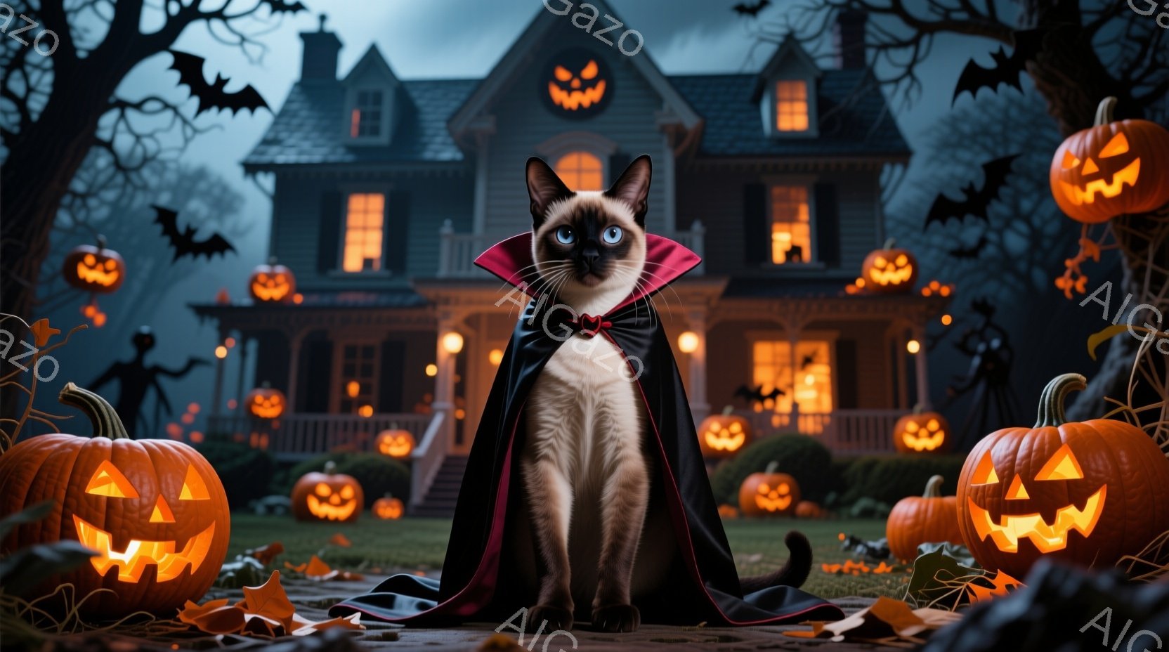 シーロカラーの猫が、ハロウィーンをテーマにした庭で、黒いマントを羽織って座っています。背景には、ジャック・オ・ランタンで飾られた、不気味な雰囲気の大きな家があり、庭には枯葉が散らばり、影が伸びています。全体的に、ハロウィーンの夜に猫がその庭を支配しているような、少し不気味で楽しい雰囲気です。