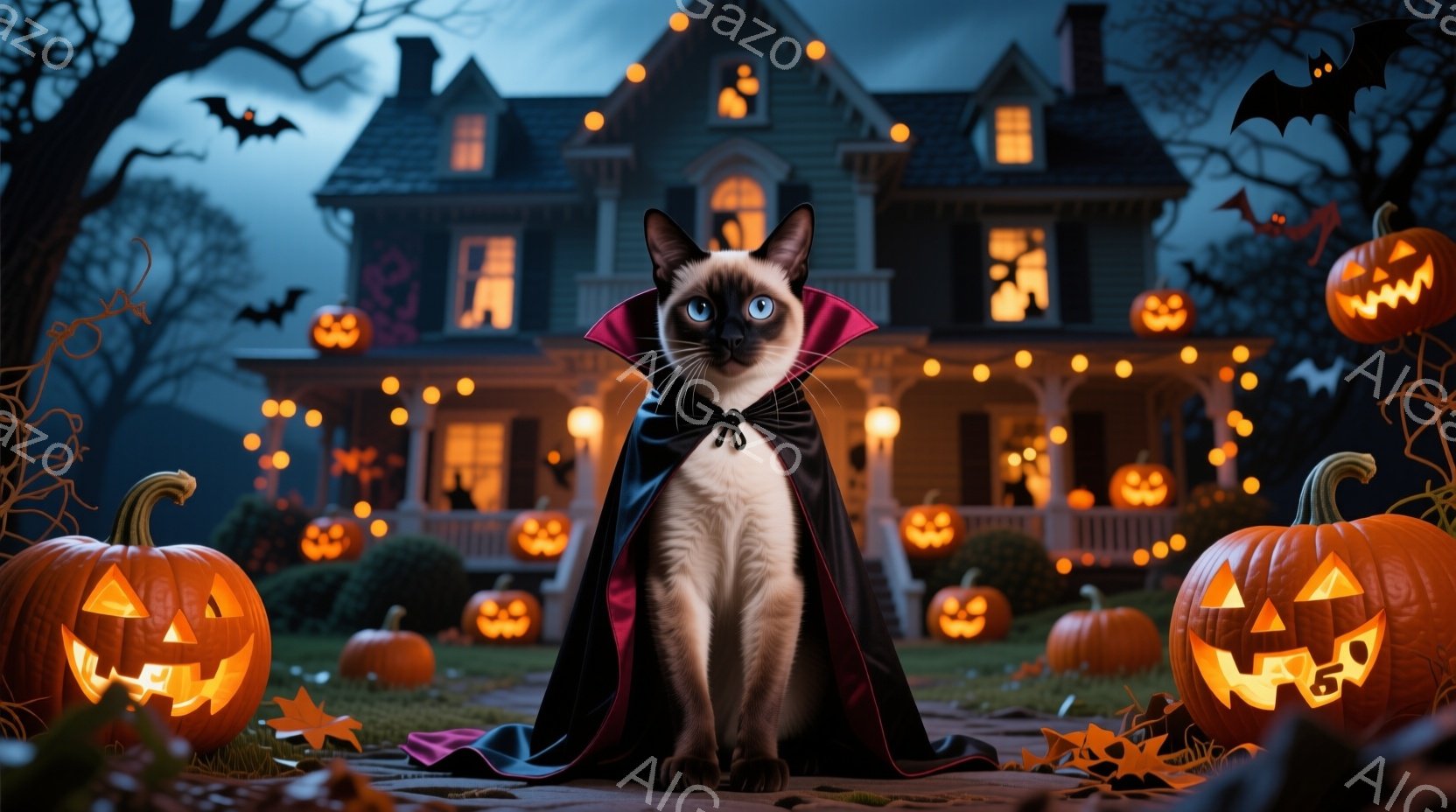 シベリアンハスキーのような毛並みの猫が、黒いマントと赤い襟を身に着けて正面を向いています。背景には、ジャック・オー・ランタンで飾られた、薄暗く不気味な屋敷と、木々が生い茂る夜の風景が広がっています。全 - AI生成フリー素材