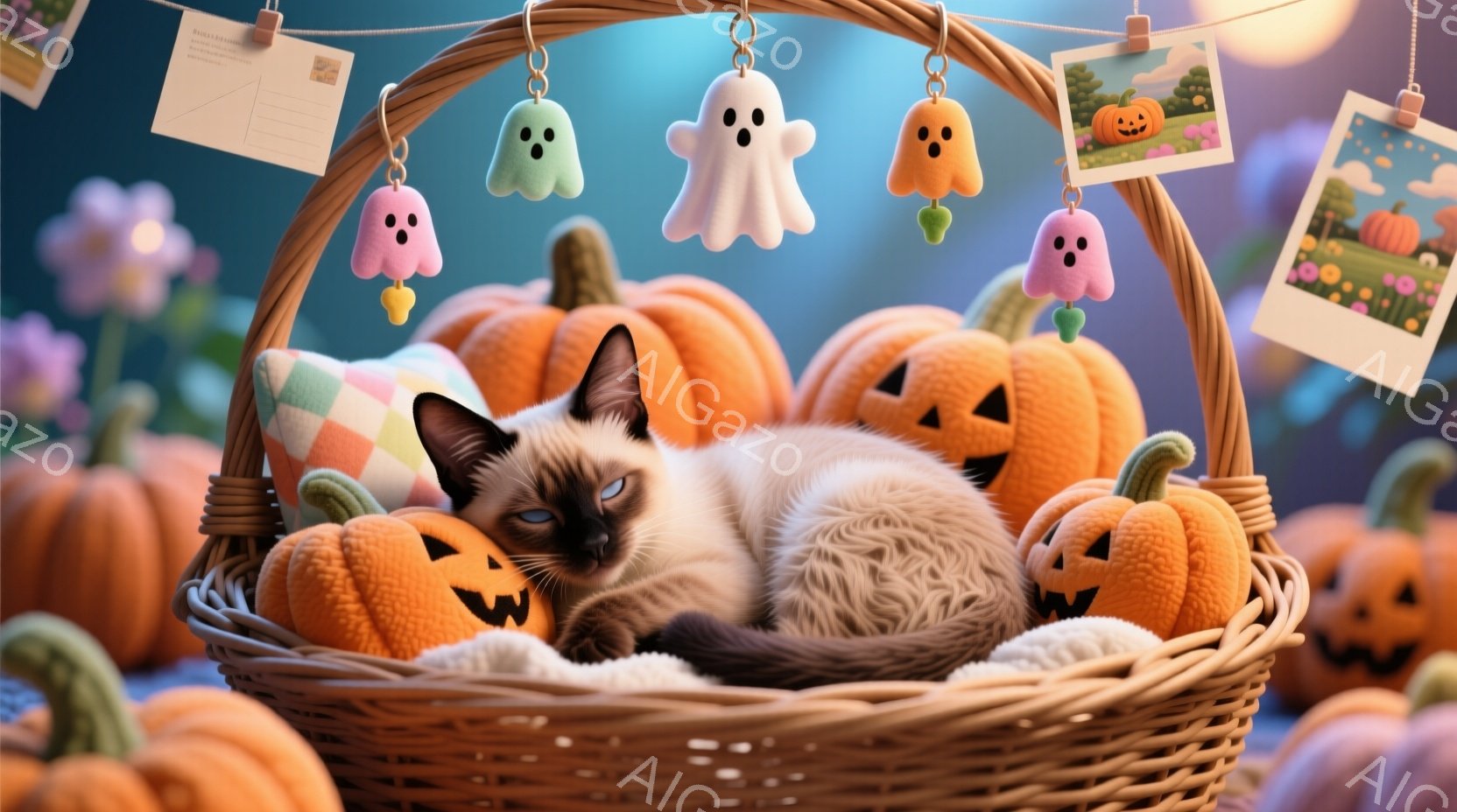 シーマ猫がカボチャが並んだバスケットの中で丸まって眠っています。バスケットの周りには、ハロウィーンの飾り付けである幽霊とカボチャのランタンが吊るされており、背景にはぼやけた自然の風景が広がっています。全体的に、ハロウィーンの温かく可愛らしい雰囲気を醸し出しています。