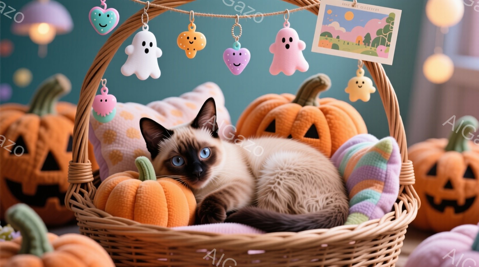 シーマル猫が、ハロウィーンの飾りで囲まれたバスケットの中に横たわっています。猫は青い目をしており、リラックスした様子で、オレンジ色のカボチャ柄のクッションに囲まれています。背景には、様々なハロウィーンのオーナメントや、ぼんやりとした壁が見え、全体的に暖かく、お祝いムードに満ちています。