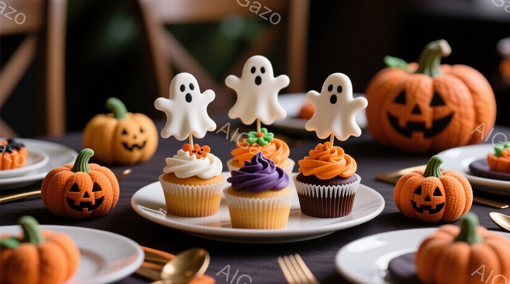 ハロウィーンをテーマにしたカップケーキとパンプキンがテーブルに並べられています。白いフロスティングに幽霊のピックが飾られたカップケーキや、オレンジ色のフロスティングが施されたカップケーキなど、様々な種類があります。背景は暗い色で、ハロウィーンの楽しい雰囲気を演出しています。