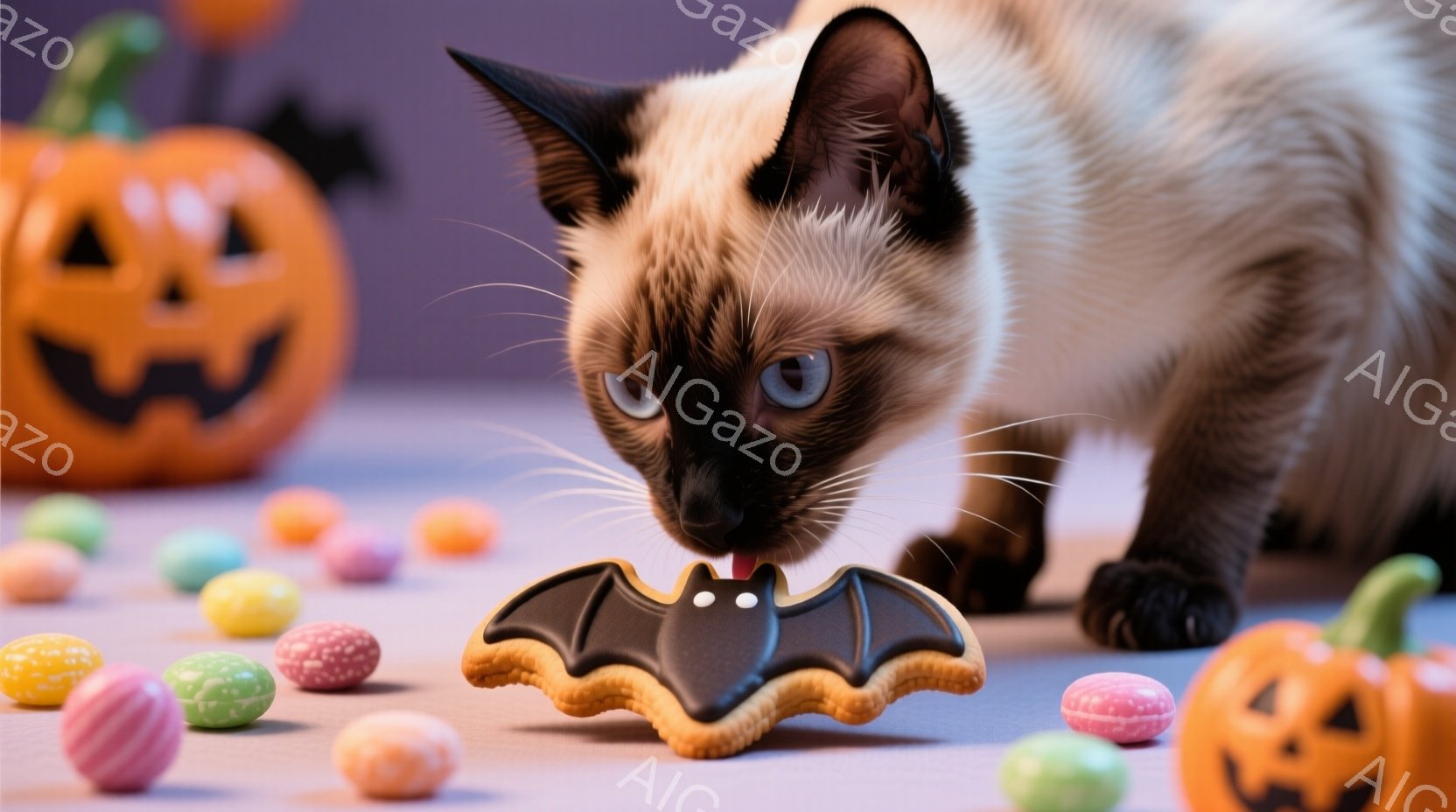 シーマーズ猫がハロウィーンのクッキーに近づき、舐めようとしています。背景にはカラフルなキャンディや、ジャック・オー・ランタンが配置され、ハロウィーンの雰囲気を醸し出しています。猫の表情は興味津々で、背景の明るい色と相まって、楽しいムードが伝わってきます。