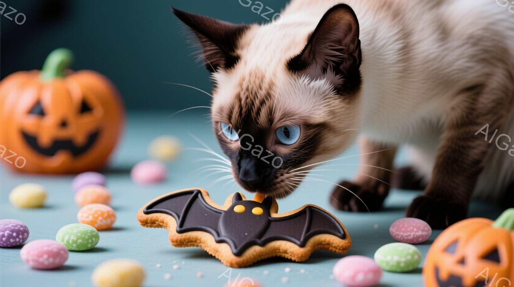 シーマル猫がハロウィーンをテーマにしたクッキーに鼻を近づけている写真です。背景には、オレンジ色のジャック・オ・ランタンとカラフルなキャンディが散りばめられており、ハロウィーンの雰囲気を高めています。猫 - AI生成フリー素材