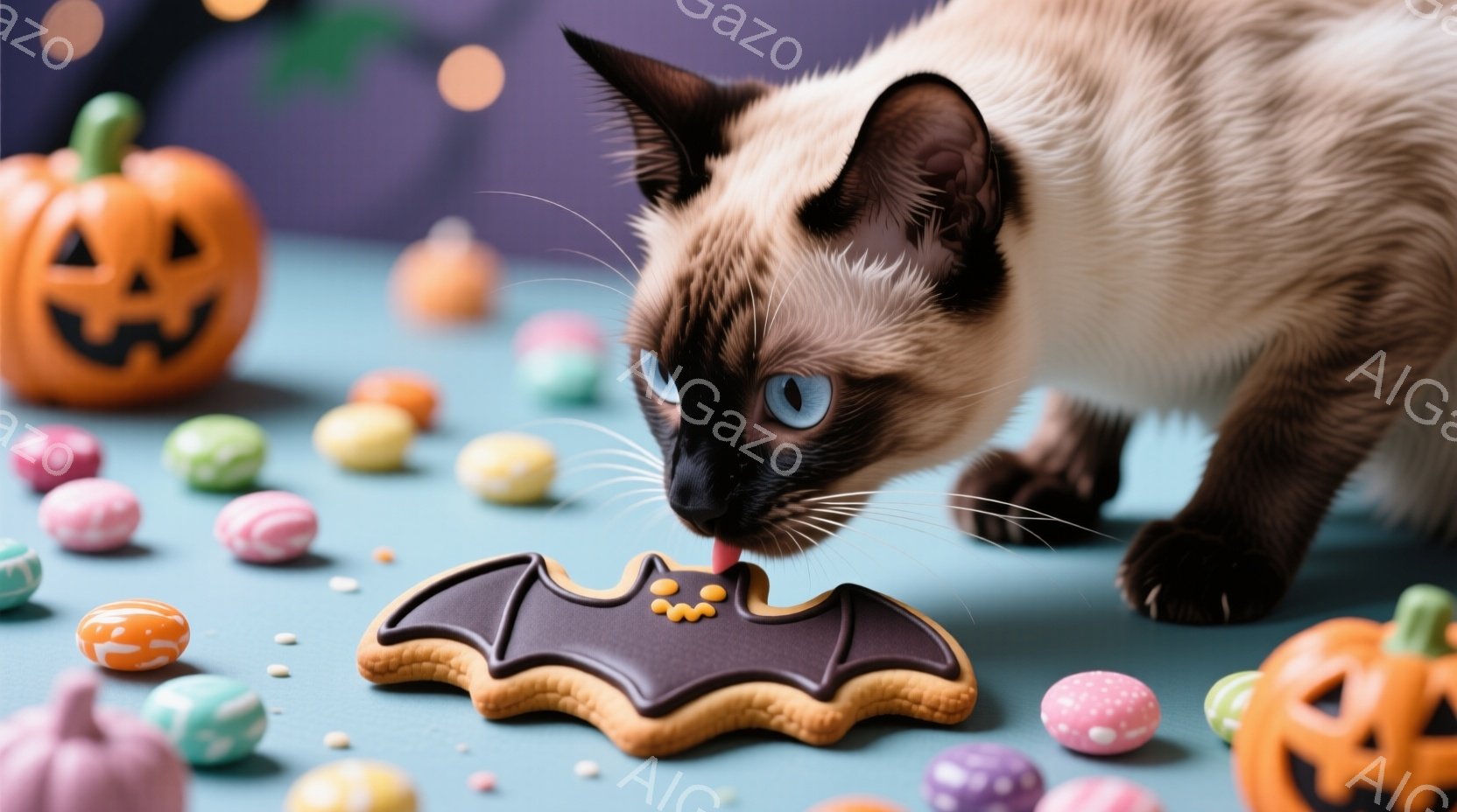シャム猫が、ハロウィーンをテーマにしたクッキー（コウモリの形）を舐めようとしている様子が写っている。背景には、カラフルなキャンディーと、ジャック・オ・ランタンが置かれたハロウィーンらしい装飾が見られ、全体的に遊び心のある、お祭り気分が漂っている。猫は前足を伸ばし、クッキーに集中した表情で、可愛らしいシーンが展開されている。