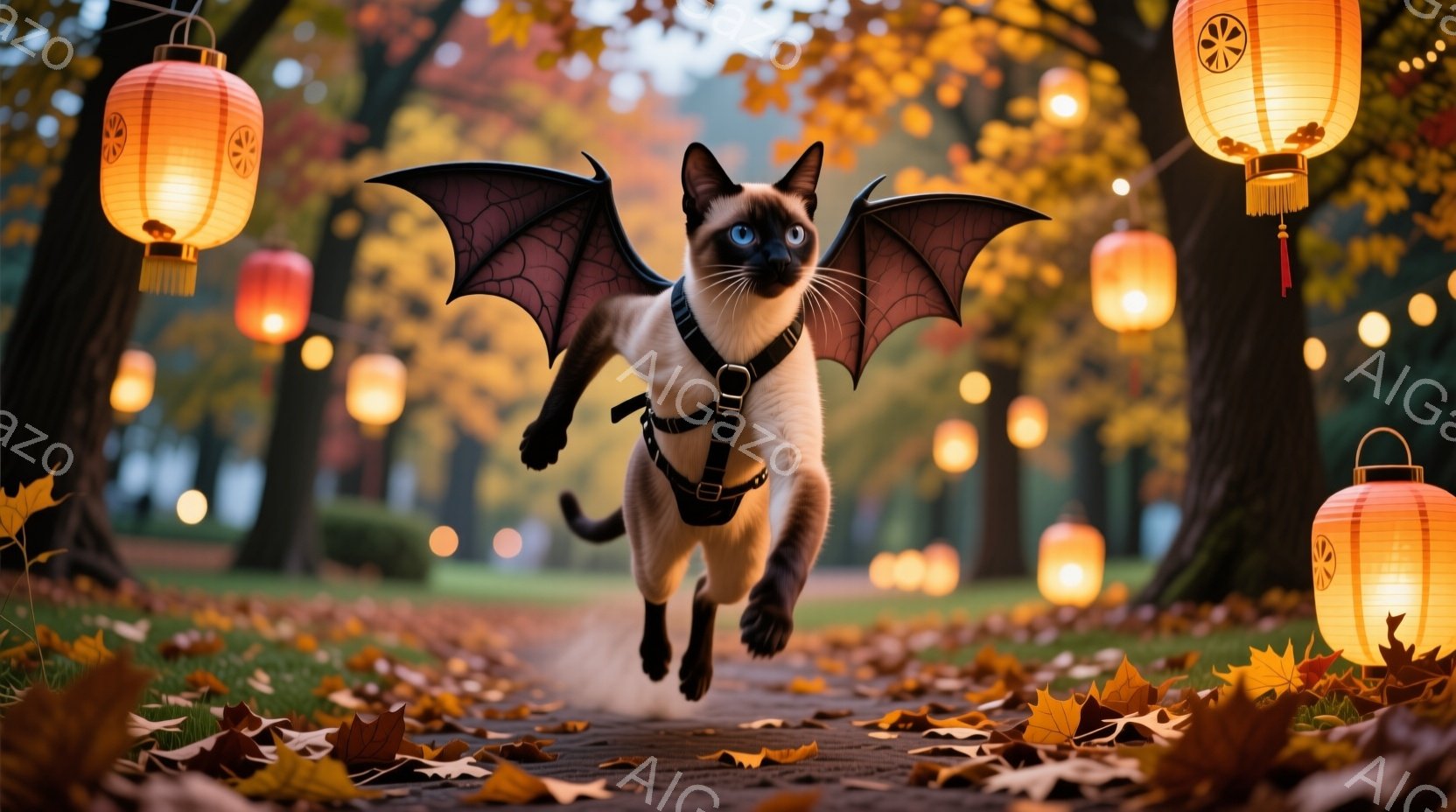 翼を付けた茶トラ猫が、落ち葉が散らばる小道を走っている姿が描かれています。猫はハーネスを着用し、躍動感のある姿勢で、まるで空を飛んでいるかのような印象を与えます。背景にはオレンジ色のランタンが灯り、秋の暖かい雰囲気が漂っています。