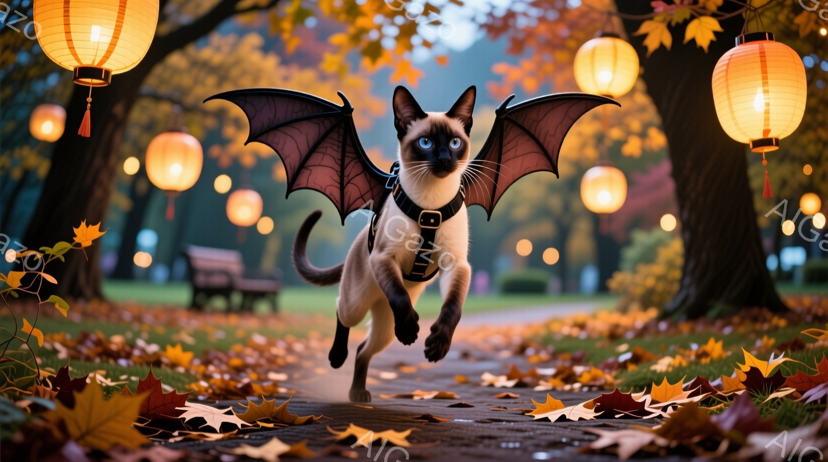 シーロックの猫が、まるで飛んでいるかのように、秋の公園の遊歩道を駆け抜けています。猫は翼とハーネスを身につけ、まるで小さなコウモリのような姿で、その表情は楽しそうで、動きは躍動感にあふれています。背景には紅葉した木々と、暖かく光る提灯が並び、秋の穏やかで幻想的な雰囲気を醸し出しています。