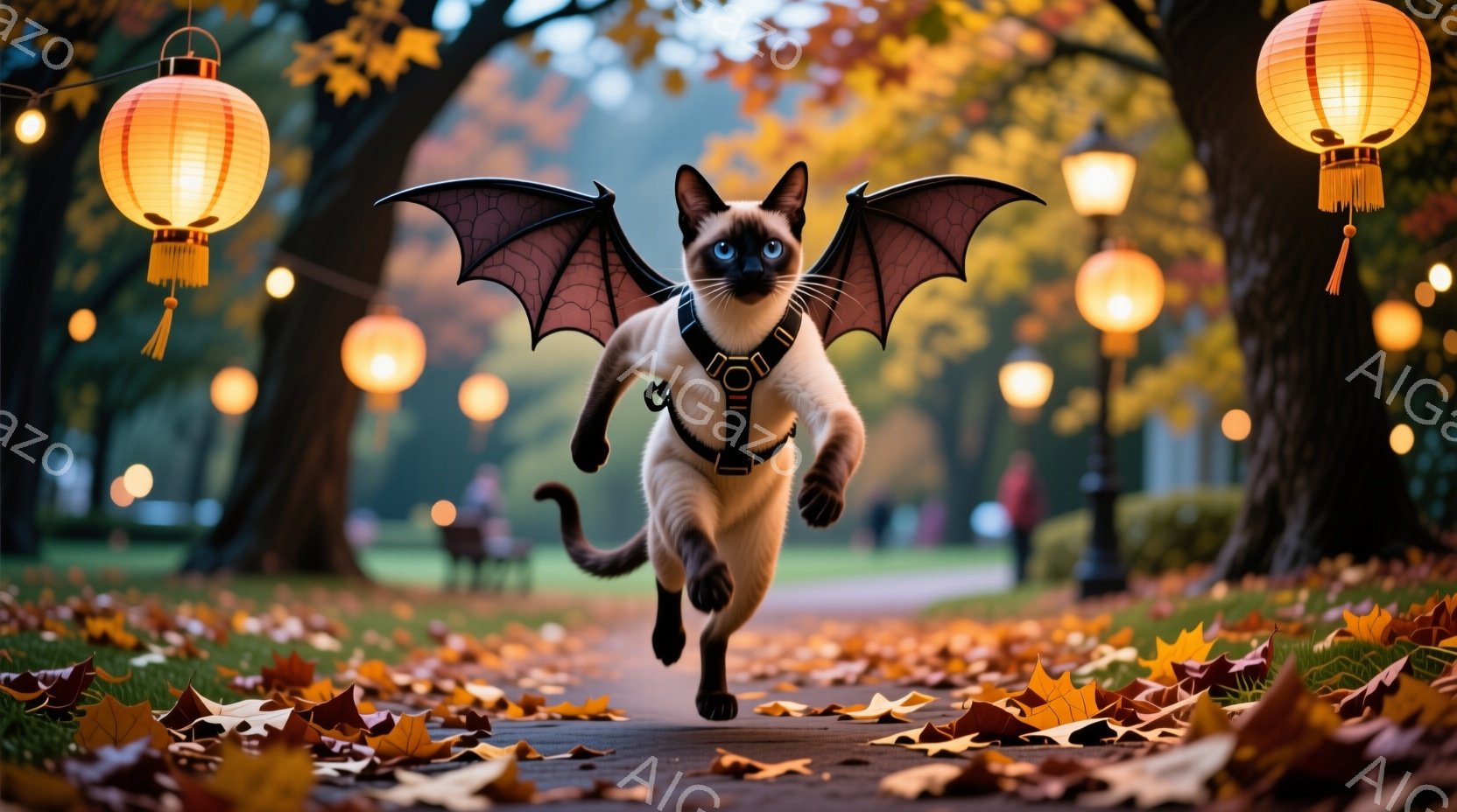 シーロックの猫が、まるで空を飛んでいるかのように、公園の遊歩道を走っている。猫は翼とハーネスを身に着けており、その表情は遊び心に満ちている。背景には、秋の紅葉と、温かい光を放つ提灯が並び、幻想的な雰囲気を醸し出している。