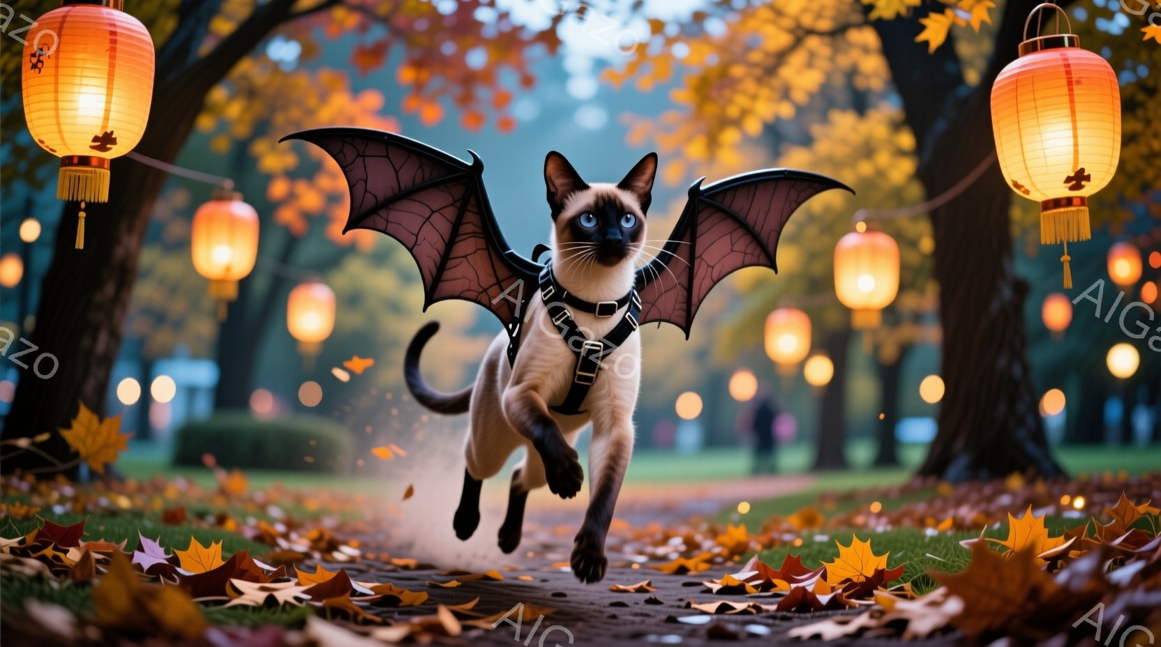 シーロの猫が、翼のコスチュームを着て、公園の遊歩道を勢いよく走っている。背景には、秋の紅葉と提灯が並び、暖かい光が猫を照らし出している。全体的に、ハロウィンや秋の祭りを連想させる、活気があり、遊び心のある雰囲気である。