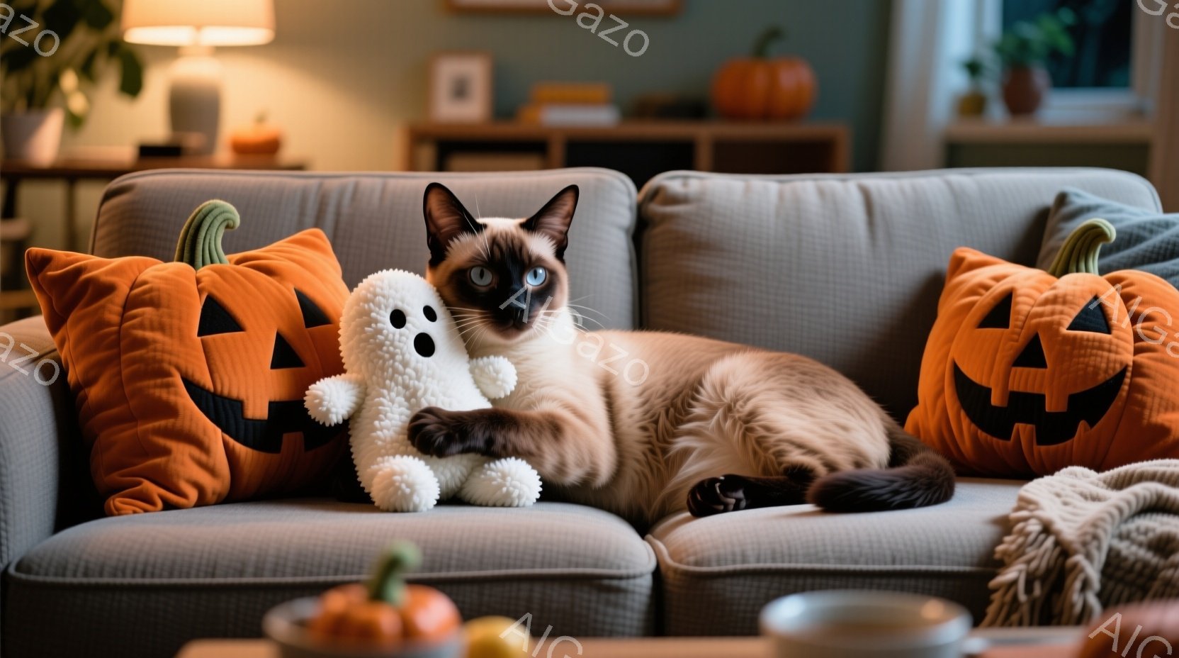 ソファに横たわるシャム猫が、ハロウィーンの装飾と共におとなしい雰囲気を醸し出しています。猫は片足を白いゴーストのぬいぐるみの上に置き、リラックスした表情でカメラを見つめています。背景には、ハロウィーン - AI生成フリー素材