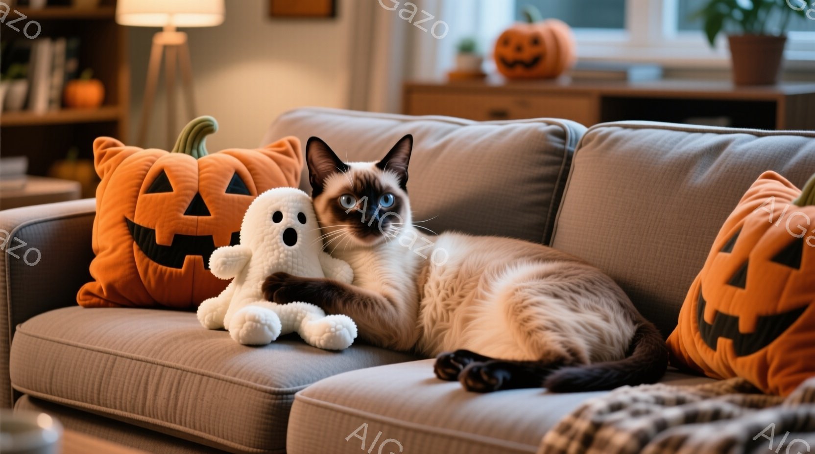 ソファーに横たわるシャム猫が、ハロウィーンのぬいぐるみであるお化けとカボチャに囲まれています。猫はリラックスした表情で、片足を伸ばし、もう片方の足は曲げています。背景には、さらなるハロウィーンの装飾が - AI生成フリー素材