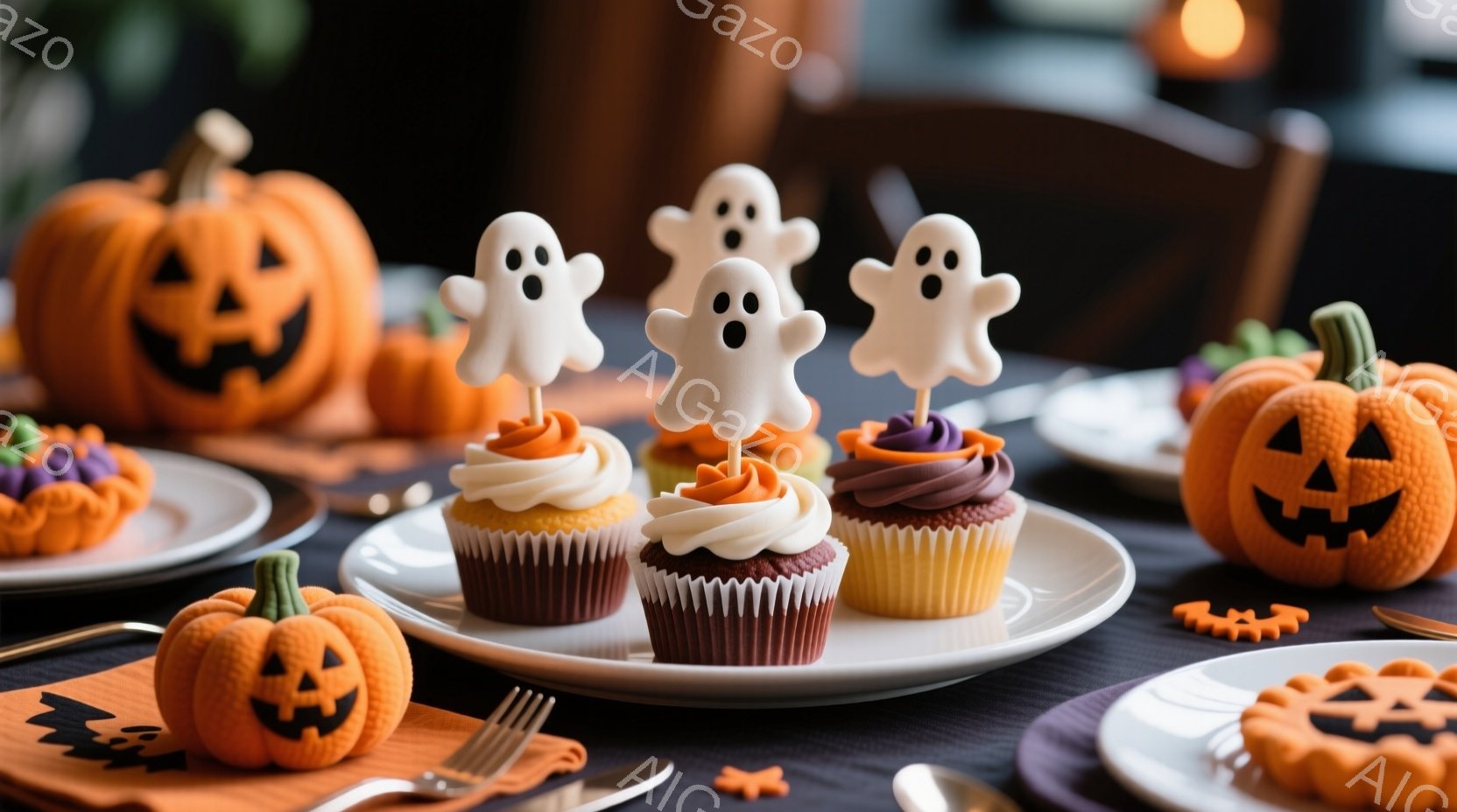 ハロウィーンをテーマにしたお菓子の盛り合わせが写っている。白地にオレンジと紫色のクリームが飾られたカップケーキと、可愛らしいカボチャ型のクッキーやチョコレートが並べられている。背景は暗いグレーで、全体的に温かく、お祝いムードに満ちた雰囲気である。