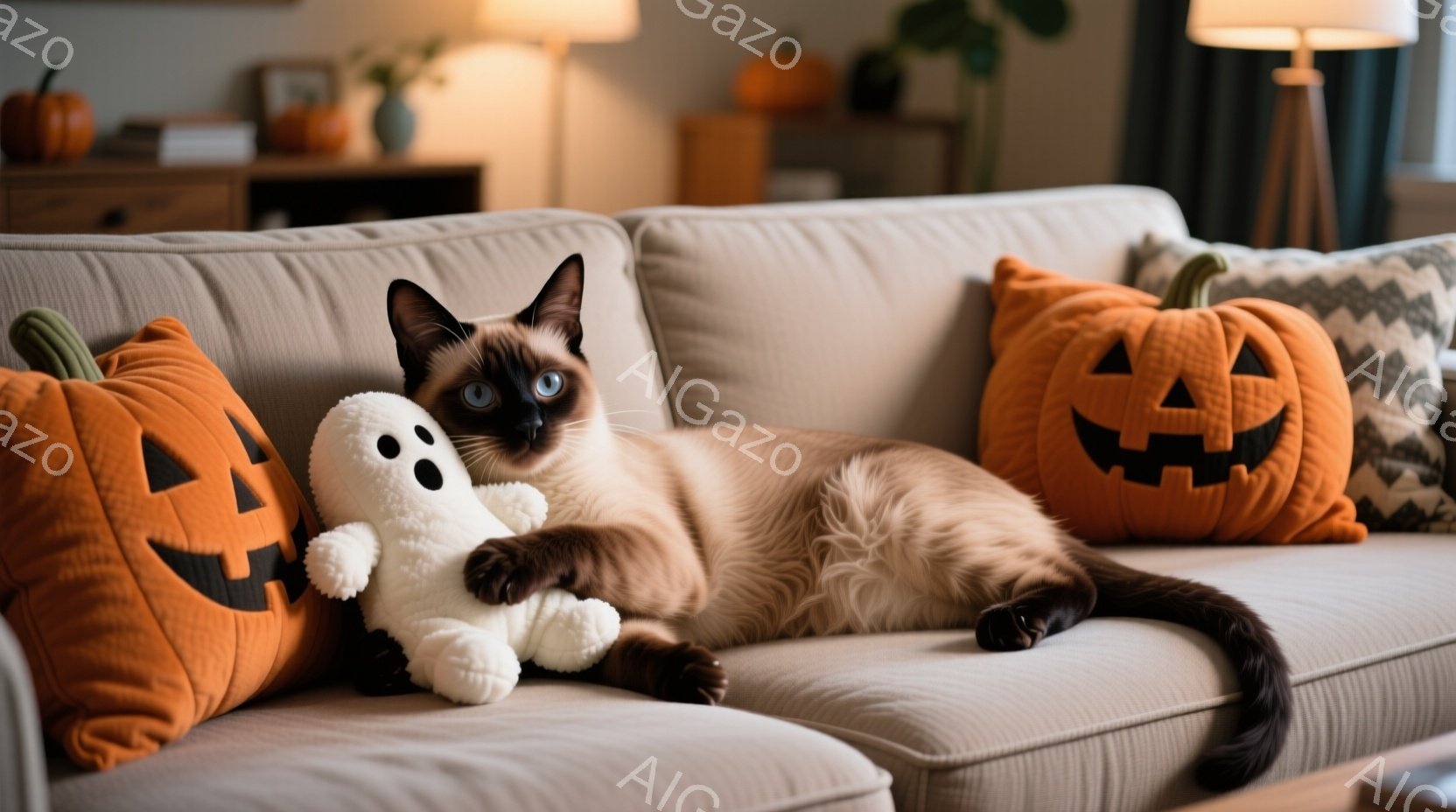 シーマーズ猫がオレンジ色のハロウィーンのクッションと白い幽霊のぬいぐるみと一緒に、明るいベージュ色のソファに横たわっています。猫はリラックスした様子で、青い目がカメラを見つめています。背景には、植物や間接照明が見え、全体的に暖かく、季節感のある雰囲気が漂っています。