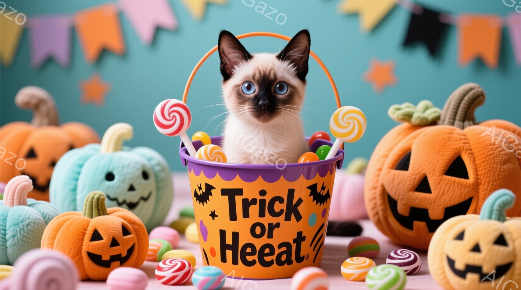 紫色のハロウィーンのバケツの中に、シロクマ模様のキティが可愛らしく顔を覗かせています。周りにはオレンジ色のジャック・オ・ランタンやキャンディが散りばめられ、とても甘くて楽しい雰囲気です。背景には、ハロウィーンを祝う旗や飾り付けがあり、秋の暖かい日差しを感じさせるような可愛らしいシーンです。