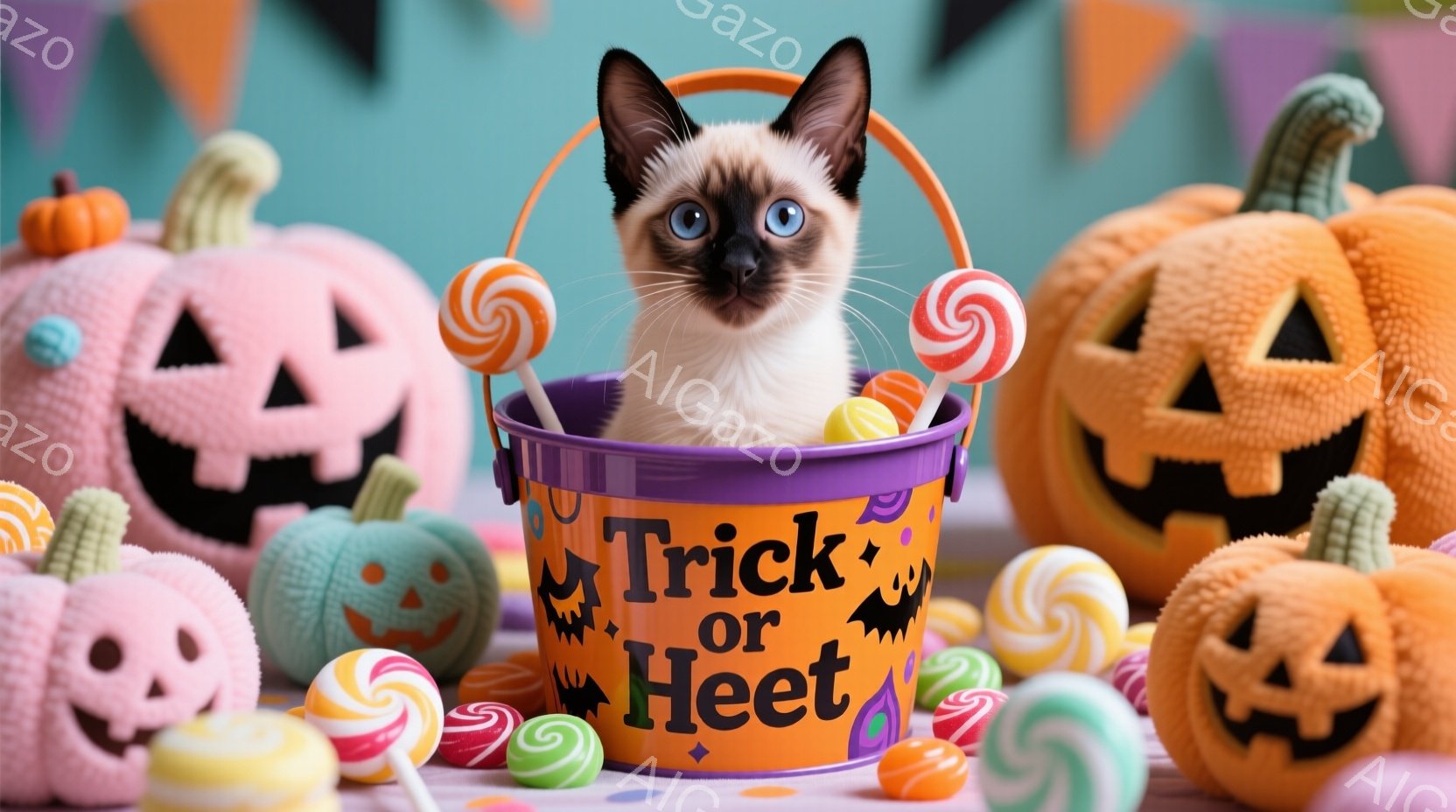 白と茶色の猫が、「トリック・オア・トリート」と書かれた紫色のバケツの中に座っています。バケツの周りには、ハロウィーンをテーマにしたオレンジ色とピンク色のカボチャの置物、そして様々な色の渦巻きキャンディ - AI生成フリー素材