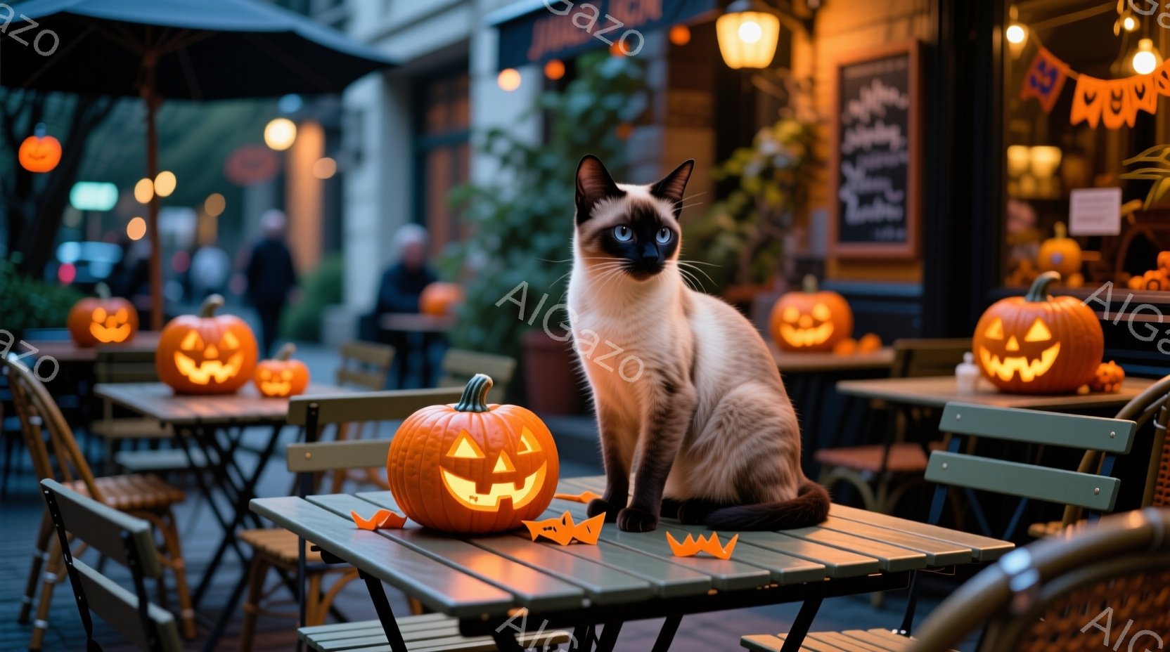 シナモンの毛並みの猫が、ハロウィーンの装飾がされた屋外カフェのテーブルに座っています。背景には、オレンジ色のジャック・オー・ランタンがいくつか配置され、ぼんやりと人影が見え、秋らしい雰囲気の夜を表しています。カフェの建物は古風で、装飾と照明がハロウィーンの雰囲気を高めています。
