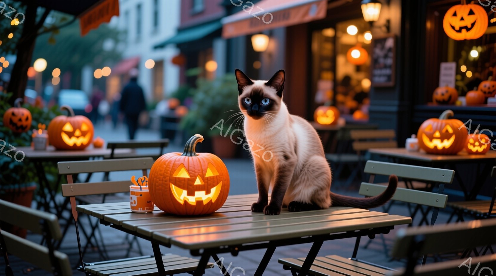 白いクリーム色のテーブルの上に、ジャック・オー・ランタンと座っているシャム猫がいます。背景には、ハロウィーンの装飾がされたレストランのテラス席が広がり、ぼんやりとした街並みが広がっています。全体的に、ハロウィーンの暖かい、お祭り気分を醸し出す夜の雰囲気です。