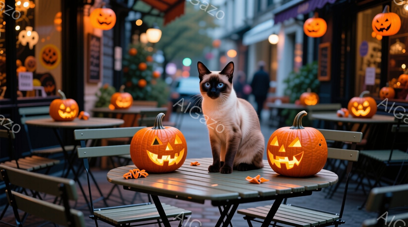 ハロウィーンの装飾が施された屋外カフェのテーブルに、美しいシャム猫がどんと構えています。背景には、オレンジ色のジャック・オー・ランタンが所狭しと飾られ、ぼんやりと人影が見えます。暖かく、お祭り気分を盛 - AI生成フリー素材