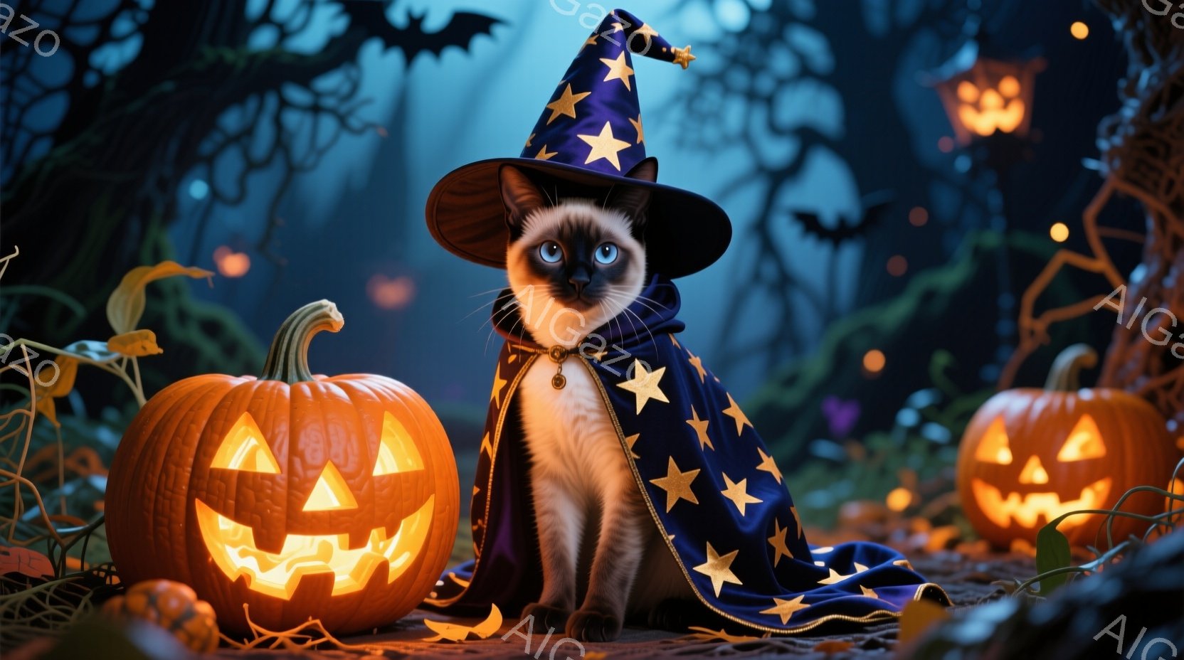 シーロの猫がハロウィーンの衣装を着て、彫刻されたジャック・オー・ランタンに囲まれて座っています。青い魔女の帽子と星が散りばめられたケープを着ており、金色に光る首輪をしています。背景には、暗い森と空に浮かぶコウモリ、そして不気味な光を放つジャック・オー・ランタンが点在し、ハロウィーンの夜の神秘的な雰囲気を醸し出しています。