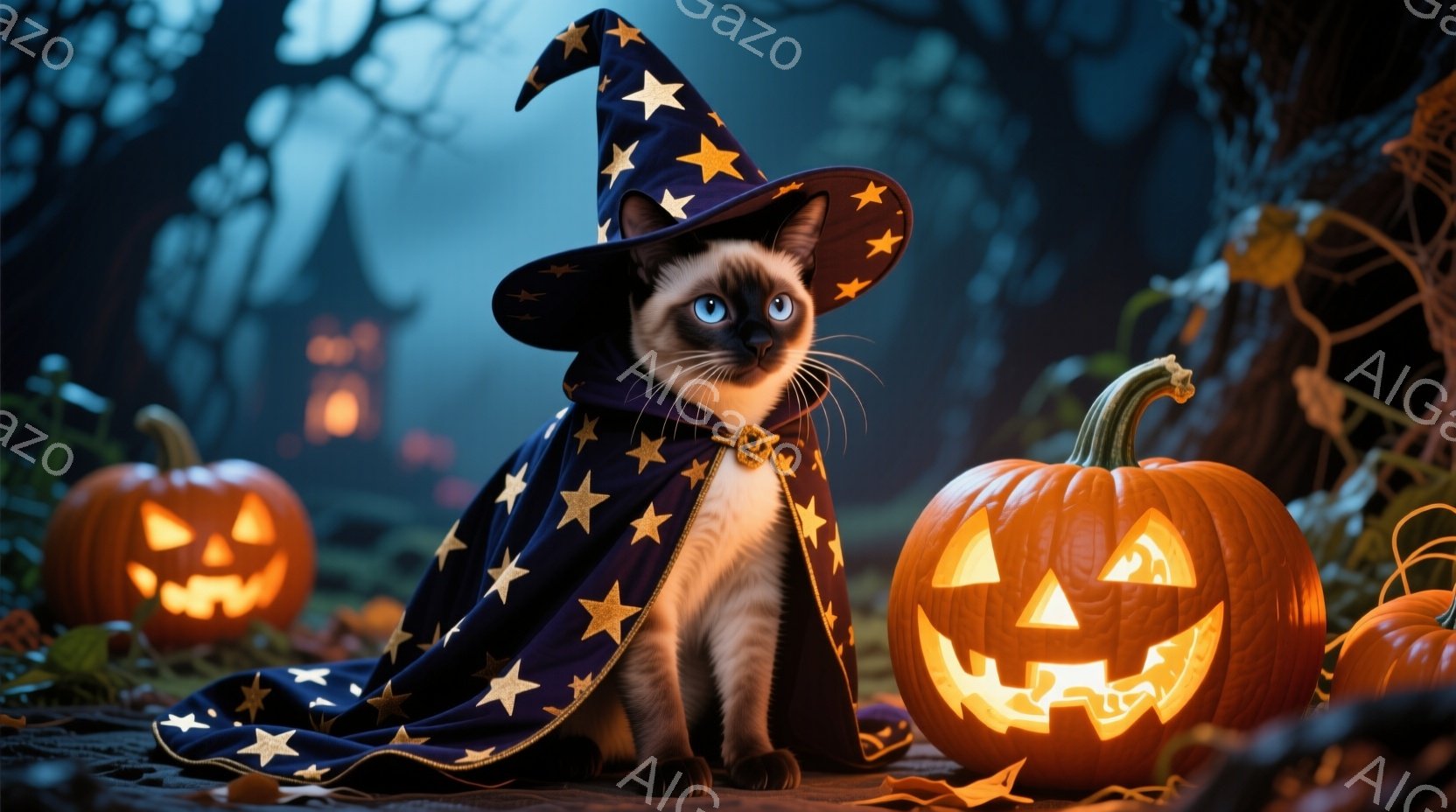 シーロの猫が魔法使いの帽子と星の刺繍が施された黒いマントを身に着け、正面をまっすぐ見つめている。背景には、明るく照らされたジャック・オー・ランタンと、ぼんやりとしたシルエットの建物と木々が広がり、ハロウィーンの夜の雰囲気を作り出している。全体的に、幻想的で可愛らしい、ハロウィーンらしい温かい雰囲気が漂っている。
