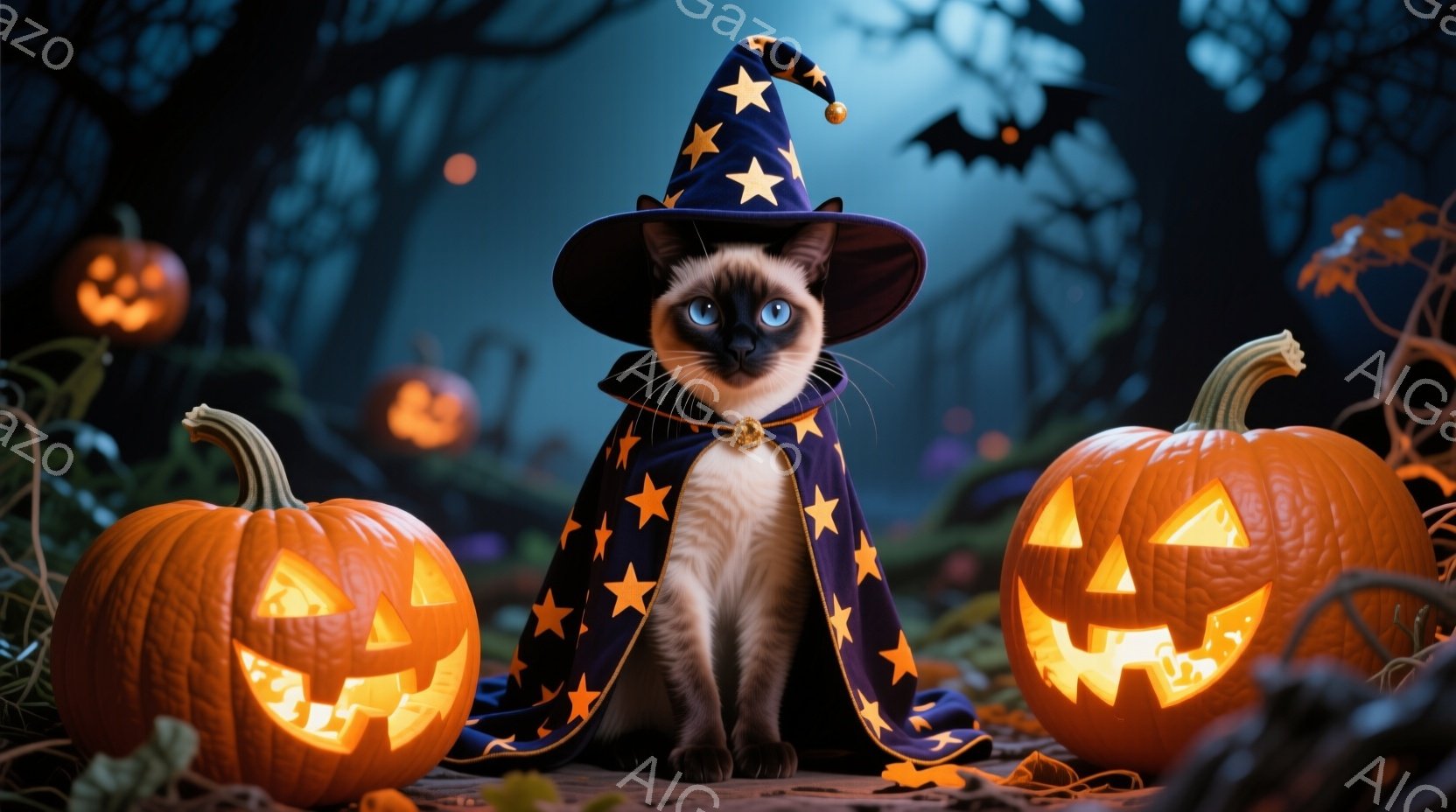 シベリアンハスキーのような猫が、魔女の帽子とマントを身につけ、ジャック・オー・ランタンに囲まれて座っている。猫は前をまっすぐ見つめ、少し自信に満ちた表情をしている。背景には暗い森と、ぼんやりと光るジャック・オー・ランタンがあり、ハロウィーンの夜の神秘的な雰囲気を醸し出している。