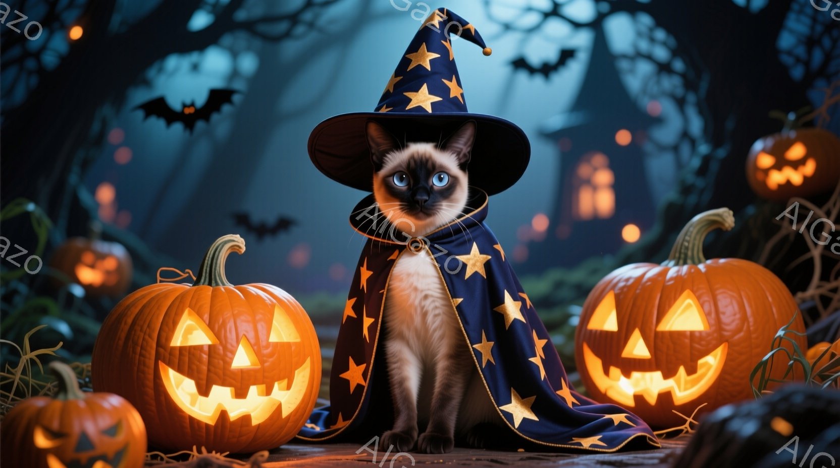 シーロの猫がハロウィーンの衣装を着て座っています。紺色に金の星が散りばめられたマントと、先の尖った黒い帽子を身につけています。背景には、様々な大きさのジャック・オー・ランタンが並び、暗い森と夜空が広がっており、ハロウィーンの雰囲気を醸し出しています。