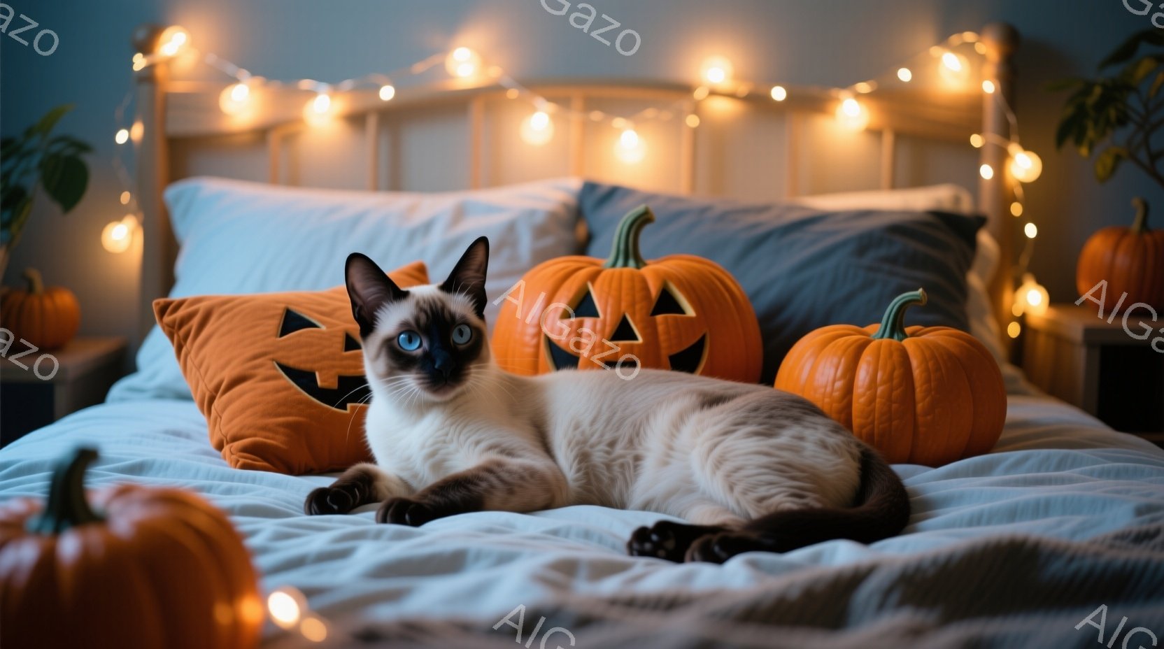 シーマル猫がベッドの上でリラックスして横たわっています。周りにはハロウィーンの飾りであるジャック・オー・ランタンのクッションとカボチャが置かれ、ベッドのヘッドボードにはオレンジ色のイルミネーションが飾 - AI生成フリー素材