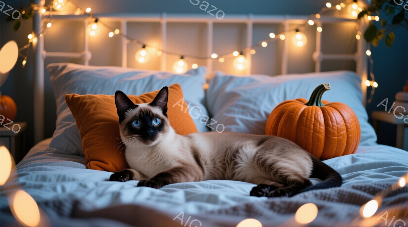 シーラーポイントの猫がベッドの上でリラックスして横たわっています。オレンジ色の枕とハロウィーンのジャック・オ・ランタンが猫の周りに配置され、暖かい光のストリングライトがベッドの背景を飾っています。全体 - AI生成フリー素材