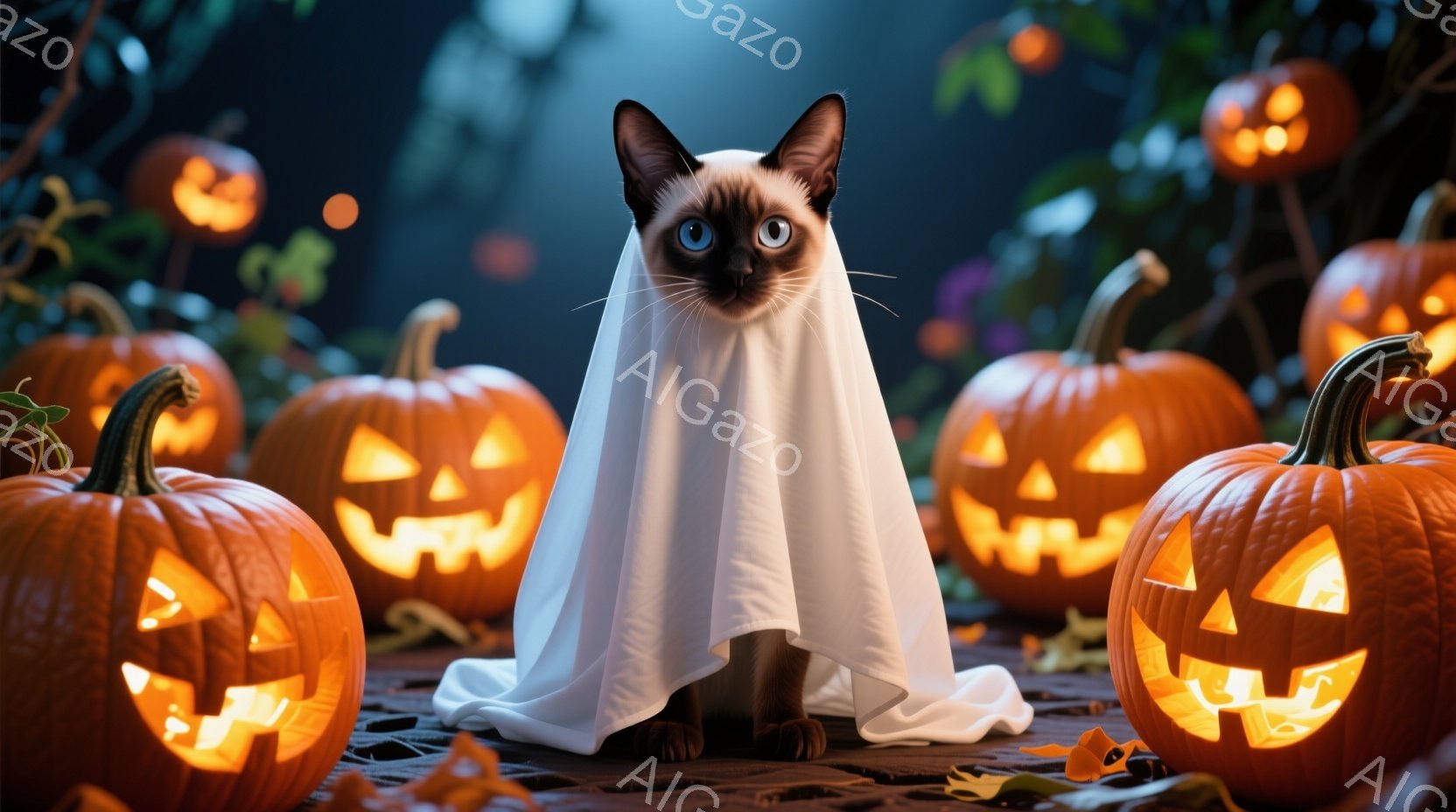 黒い毛並みの猫が白い布をまとい、ハロウィンの幽霊の格好をしている。周囲には、不気味な笑みを浮かべたジャック・オー・ランタンが置かれ、落ち葉が散らばっている。暗い背景とオレンジ色の光が、ハロウィンの夜の - AI生成フリー素材