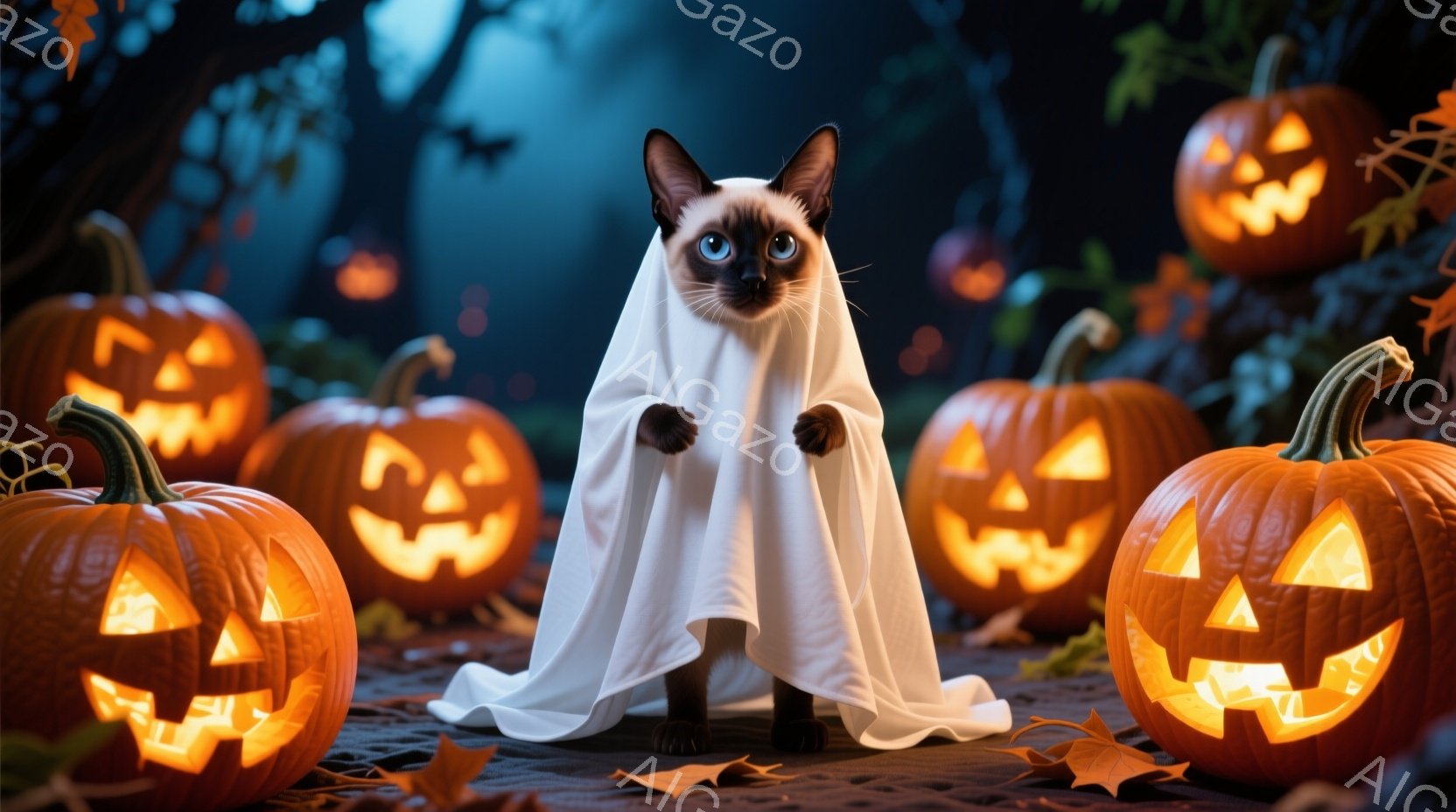 シーロの猫が白い布をまとい、ハロウィーンの仮装をしている。背景には、様々な大きさのジャック・オ・ランタンが灯り、落ち葉が散らばる薄暗い森が広がっている。全体的に不気味ながらも愛らしい、ハロウィーンらしい雰囲気が漂っている。