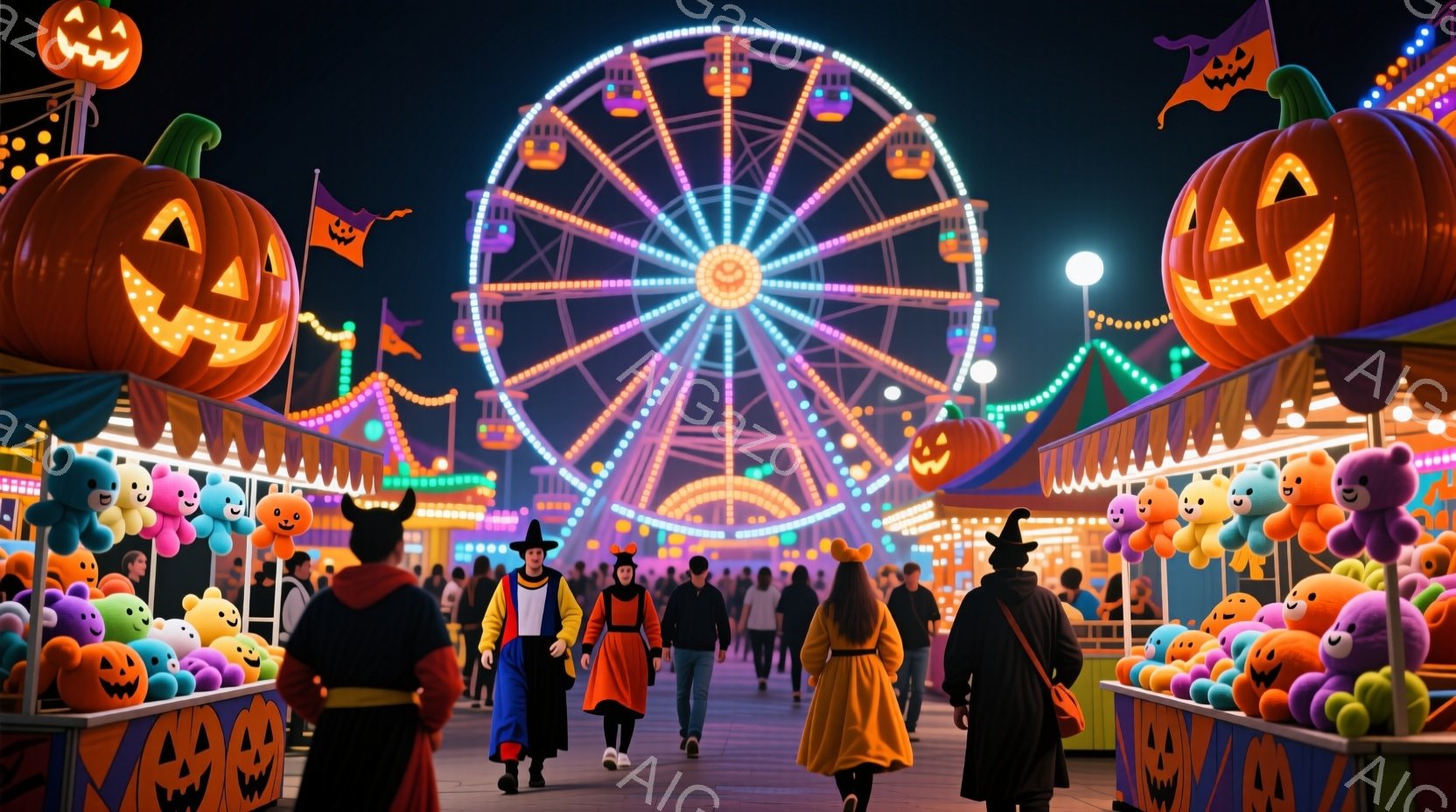 ハロウィーンの夜の遊園地を人々が歩いている様子が描かれています。多くの人々はハロウィーンの衣装を着ており、黒いローブを着た人物やオレンジ色のドレスを着た女性、魔女の帽子を被った人物が見られます。背景に - AI生成フリー素材