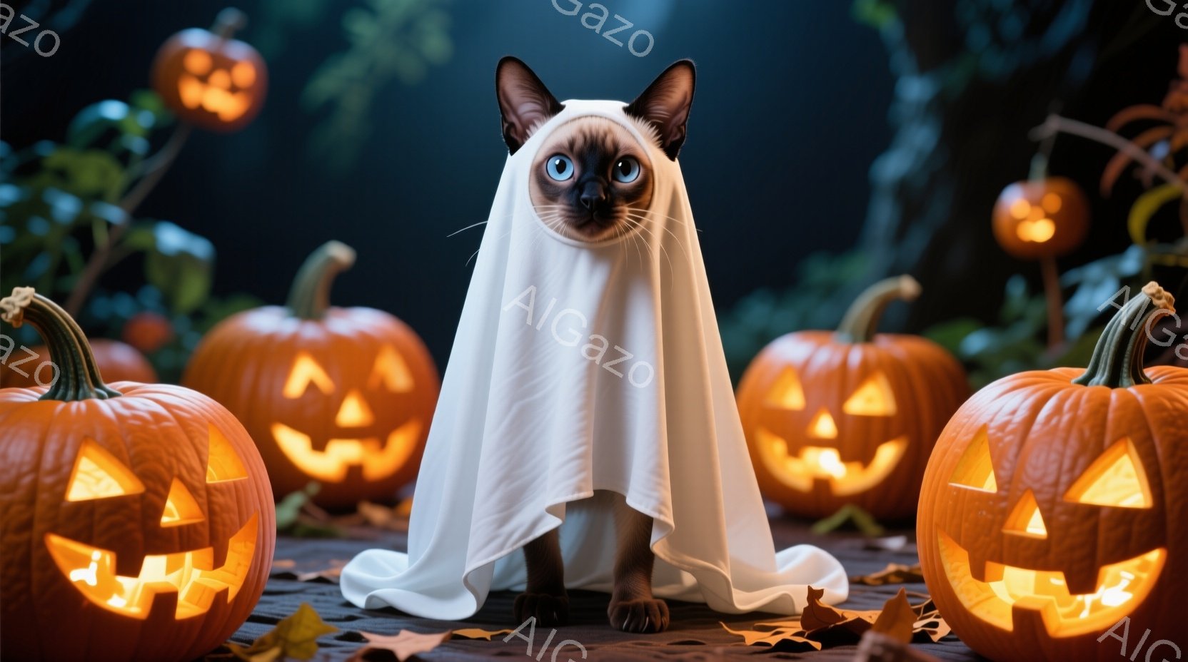 シーロの猫がハロウィーンの衣装として白い幽霊の衣装を着ています。背景には、ジャック・オー・ランタンがいくつか並び、落ち葉が散らばっています。全体的に、お祭り気分で可愛らしい雰囲気です。