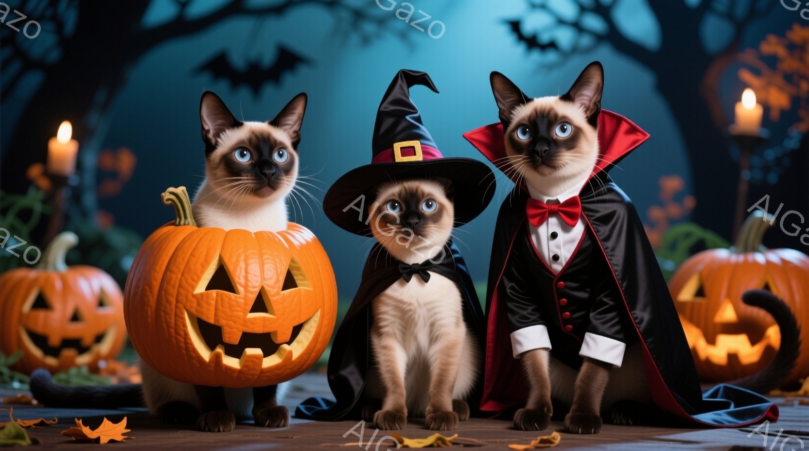 三匹のシャム猫がハロウィーンの衣装を着て座っています。中央の猫は魔女の帽子とリボン、両端の猫はそれぞれドラキュラ風のケープとリボンをつけています。背景には彫刻されたジャック・オー・ランタンと、暗い森と蝋燭があり、全体的に不気味で楽しいハロウィーンの雰囲気を醸し出しています。