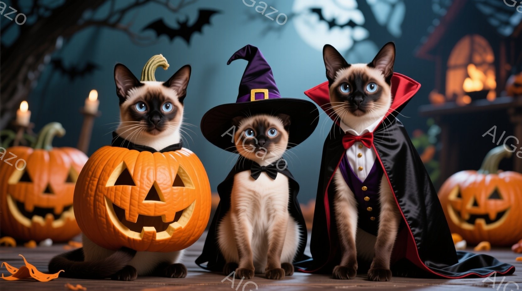 三匹のシャム猫がハロウィーンの飾り付けられた背景の前でポーズをとっています。一番左の猫はカボチャの隣に座り、中央の猫は魔女の帽子をかぶり、一番右の猫はケープと蝶ネクタイを着ています。背景には不気味な木々と満月、そして空飛ぶコウモリが描かれ、全体的にハロウィーンらしい雰囲気です。