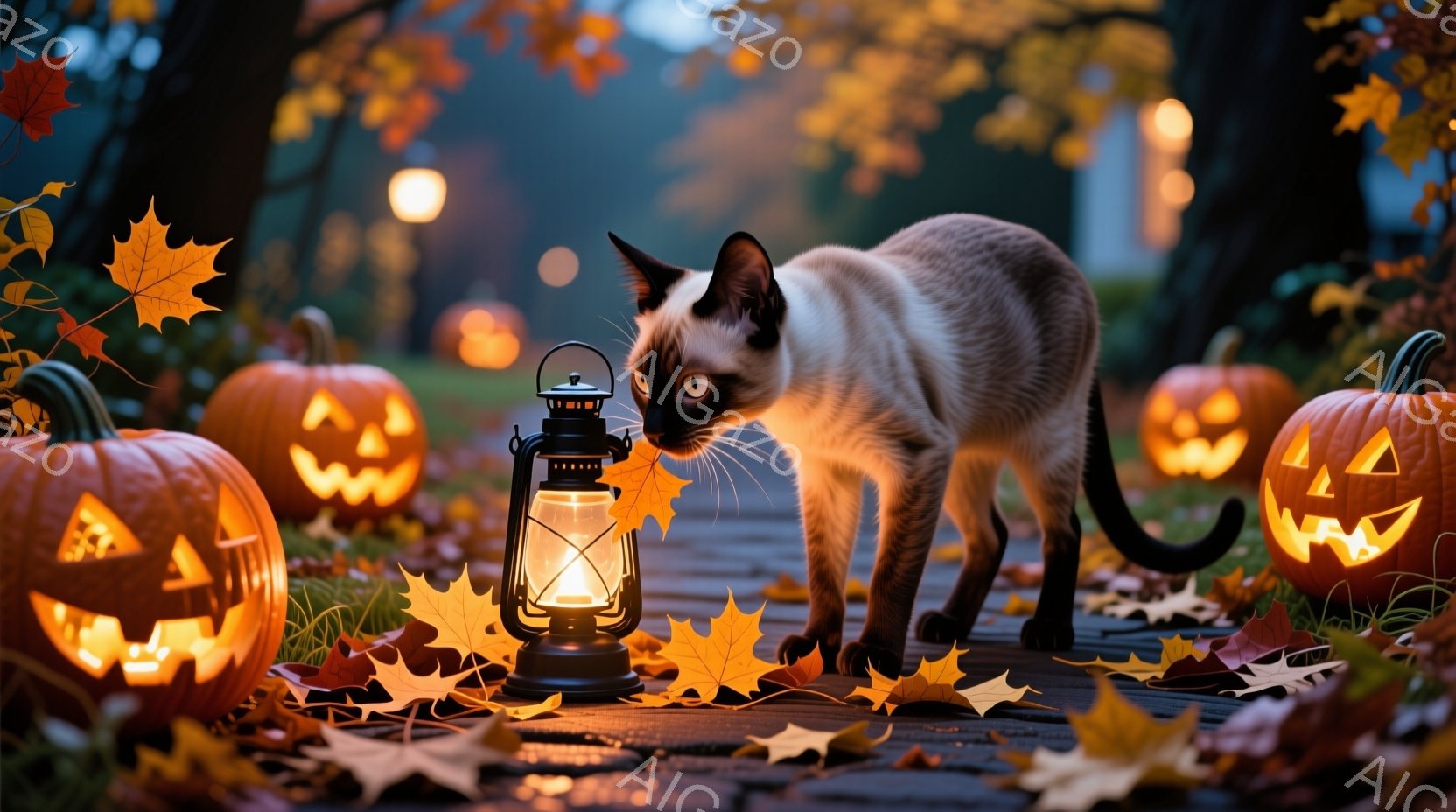 舗装された道に、彫刻が施されたジャック・オ・ランタンと落ち葉が散らばり、シャム猫が注意深く前を見つめて立っている。猫はスリムでエレガントな姿勢で、背景にはぼやけた暖色の光が灯る建物と木々が見える。全体的に、ハロウィーンの夕暮れ時の温かく、少し神秘的な雰囲気が漂っている。