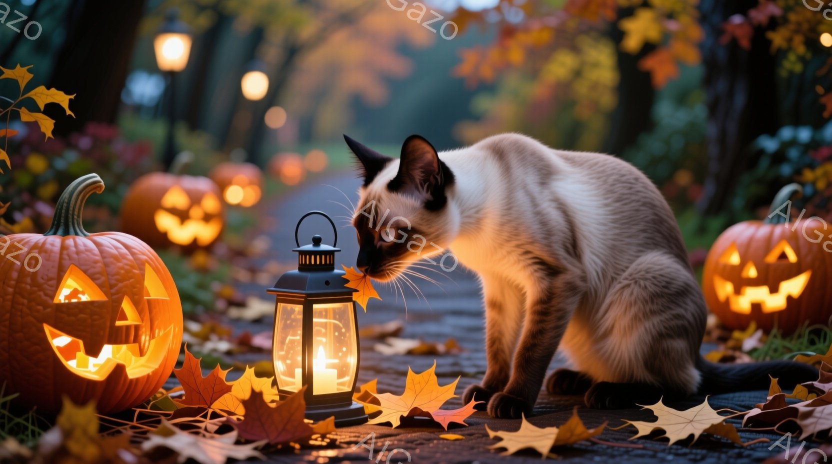 舗装された道の上に、ハロウィーンの装飾であるくり抜かれたカボチャと落ち葉が散らばっています。薄茶色のシャム猫がカボチャと提灯の間に寄り添い、葉っぱをにおいを嗅いでいます。背景にはぼんやりと光る街灯が並び、秋の夜の温かく幻想的な雰囲気を醸し出しています。