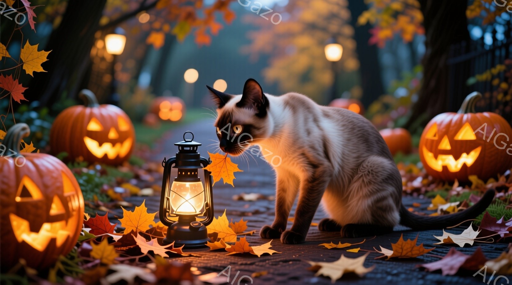 石畳の道に、ジャック・オ・ランタンが並び、落ち葉が舞うハロウィーンの夜を背景に、シャム猫がかがんで座っている。猫は興味深そうに点灯したランタンを見つめ、その毛並みは夕暮れの光に照らされて美しい。背景に - AI生成フリー素材
