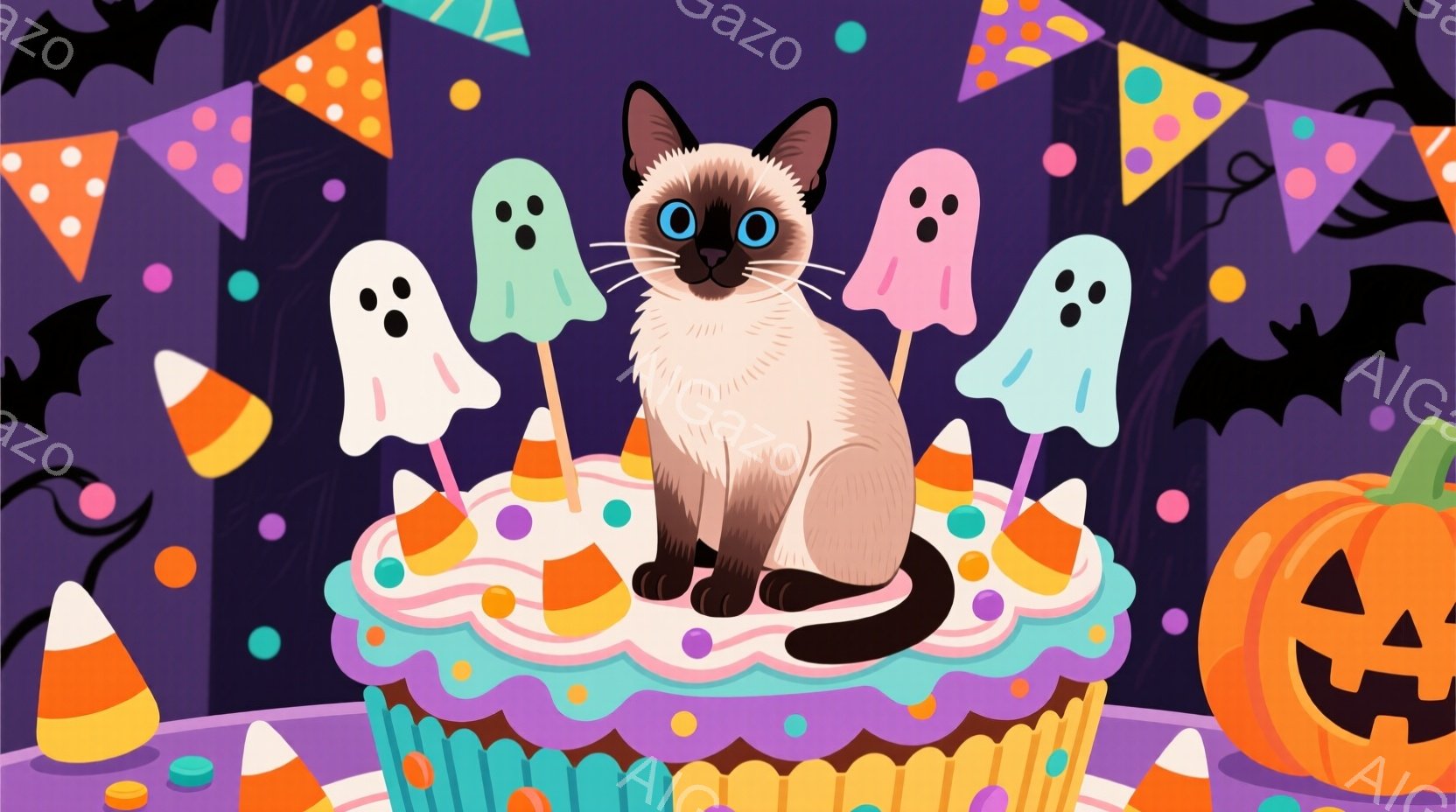 シーマ猫が、カラフルなクリームとキャンディが飾られた大きなカップケーキの上に座っています。背景には、ハロウィーンを象徴するカボチャやお化け、三角旗が描かれており、お祝いムードを盛り上げています。全体的にポップで可愛らしい雰囲気で、ハロウィーンパーティーを連想させます。