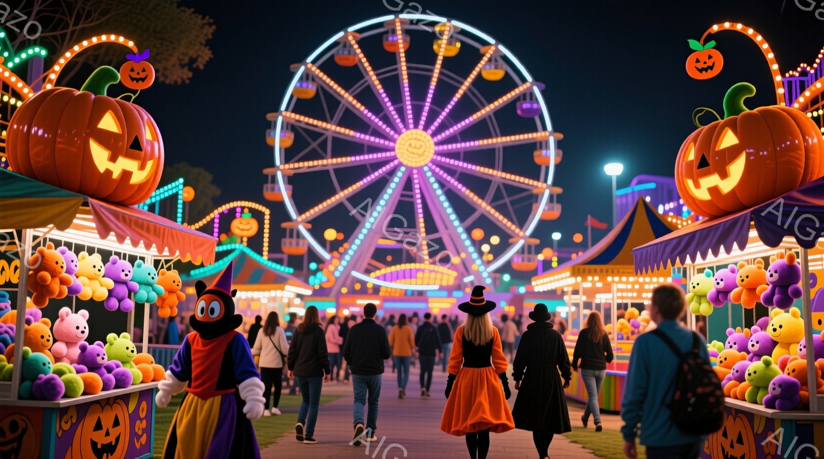 ハロウィーンの遊園地で、人々が賑やかに楽しんでいます。背景には光り輝く観覧車があり、多くの屋台が可愛らしいおもちゃや景品を並べています。人々はハロウィーンらしい仮装をしており、特にオレンジ色のドレスを - AI生成フリー素材